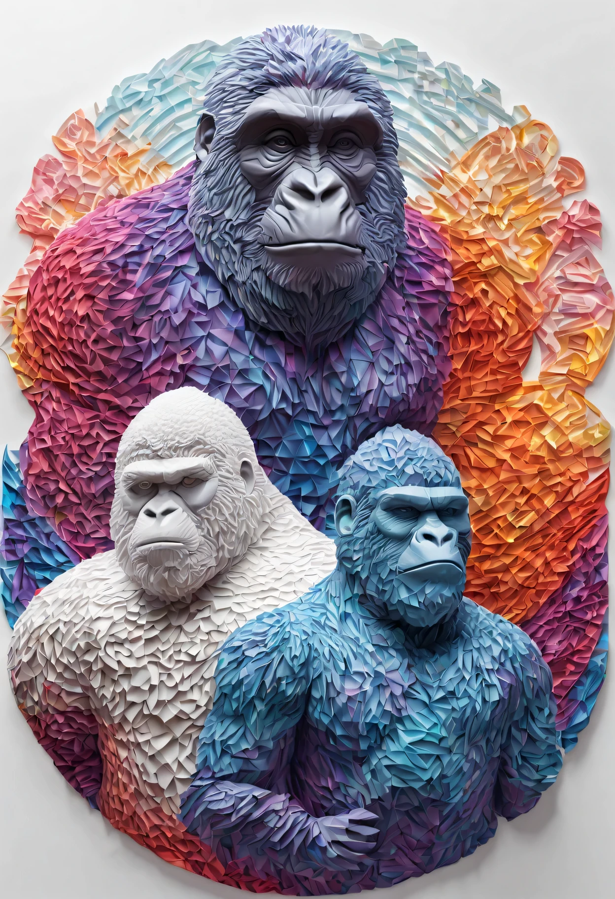 (Hologram projection effect:1.5),two men、(The first one is a warrior gorilla.,The other one has a monk's beard..), Full body Esbian、white background,(paper art, Quilted paper art:1.2, geometry:1.1, zentangle,3D rendering), (very colorful, highest quality, advanced details, masterpiece, cinematic lighting, 4K)