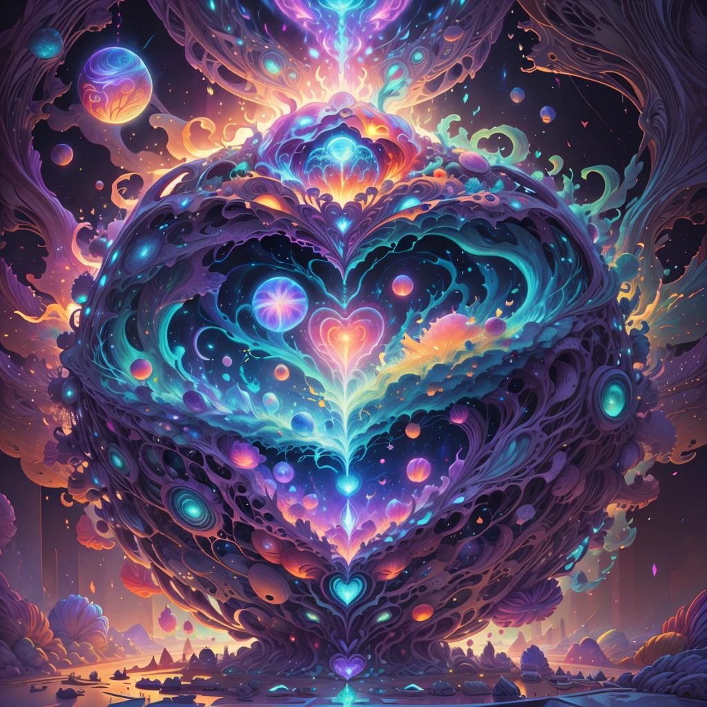 massive heart with many broken hearts galaxy inside, fantasy, cinema 4d, polished, colorful, intricate, eldritch, ethereal, vibrant, surrealism, surrealism, vray, nvdia ray tracing, cryengine, magical, 4k, 8k, masterpiece, glowing, orbs, iridescent