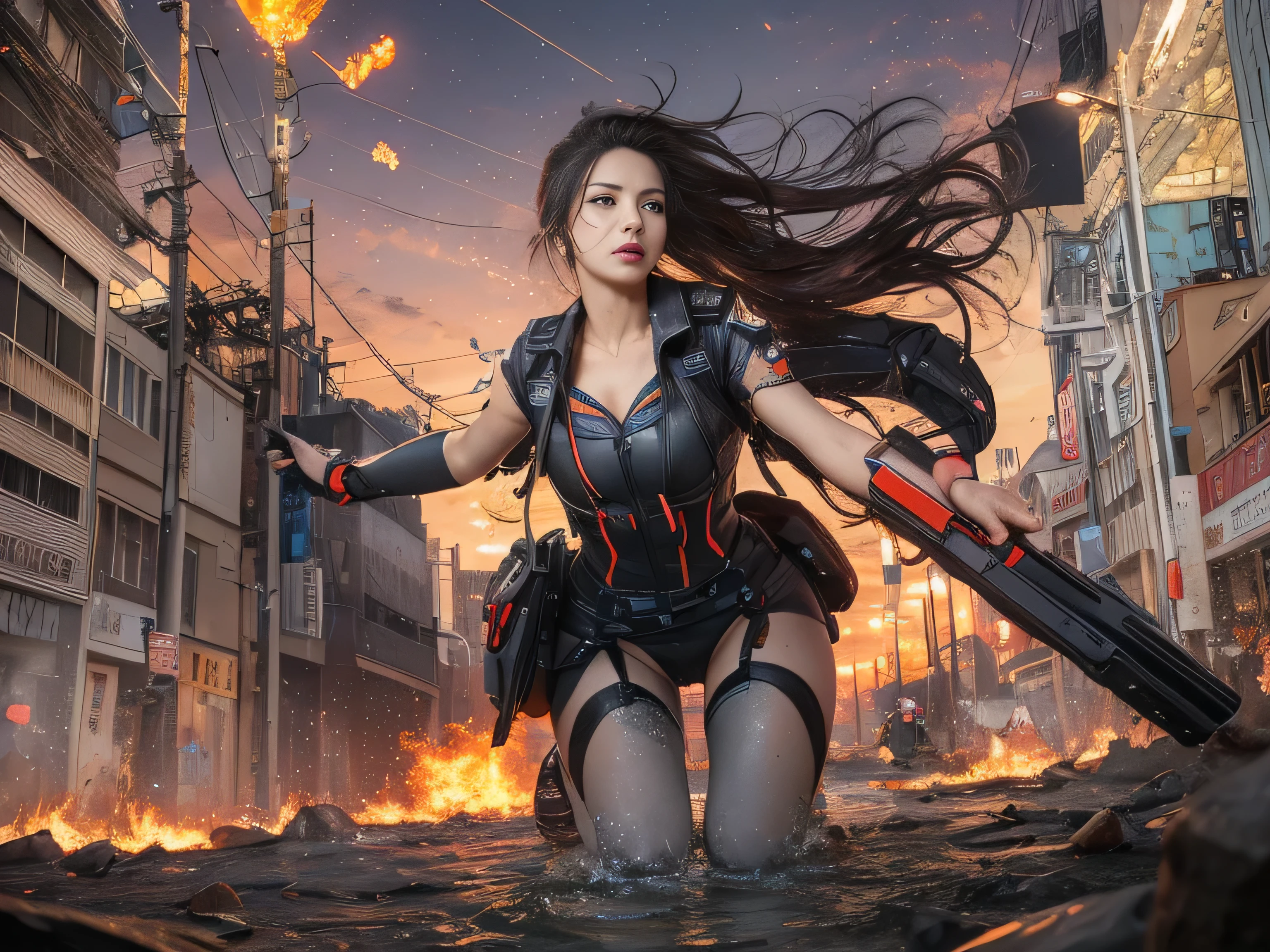 best image quality, movie lighting, octane rendering, super sharp, 1 girl, Japanese, troubled face, glowing skin, Detained fugitives, Running figure, brown hair, shortcut, Full body white pilot suit:1.3, cleavage, cyber punk, Night sky with countless stars twinkling, Shining Milky Way, heavy rain:1.3, Remains, Laser beam attack, big explosion:1.3, Pillar of fire:1.2, A city engulfed in flames, flood, wet hair:1.5, wet skin:1.5, puddle, fine eyes, Fine skin texture, camel toe, Detailed CG image quality, 8mm fisheye lens, Angle looking up from below:1.2, (whole body angle), Full body soaked, fast shutter speed,