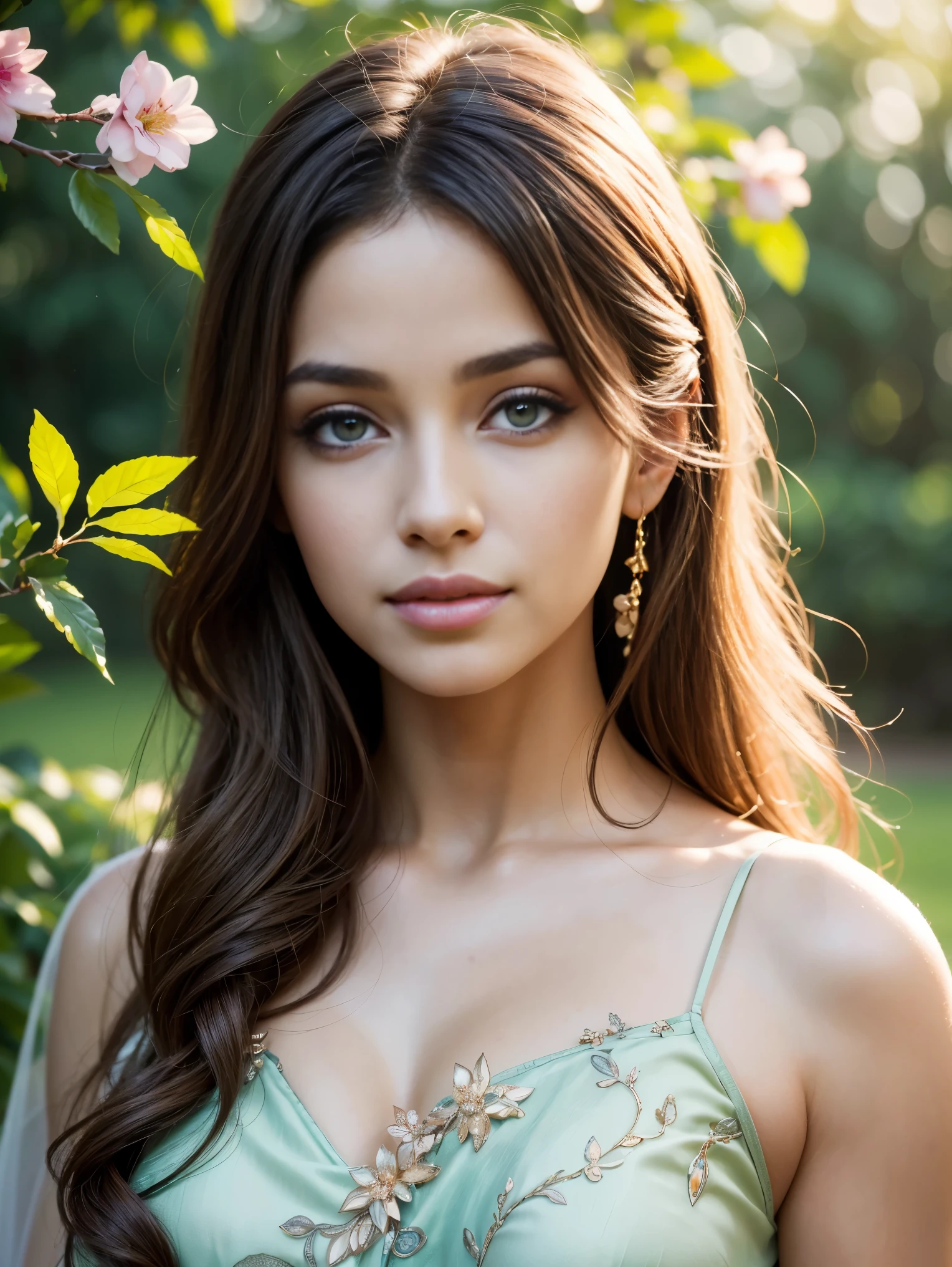 (best quality,4k,8k,highres,masterpiece:1.2),ultra-detailed,(realistic,photorealistic,photo-realistic:1.37),beautiful detailed eyes,beautiful detailed lips,extremely detailed eyes and face,longeyelashes,dark curly hair,golden skin,confident expression,feminine physique,soft sunlight,playful smile,subtle blush,flowing dress,feminine outfit,green garden background,fresh blossoming flowers,dappled light and shade,serene atmosphere,naturalistic,portrait,soft pastel colors,bokeh