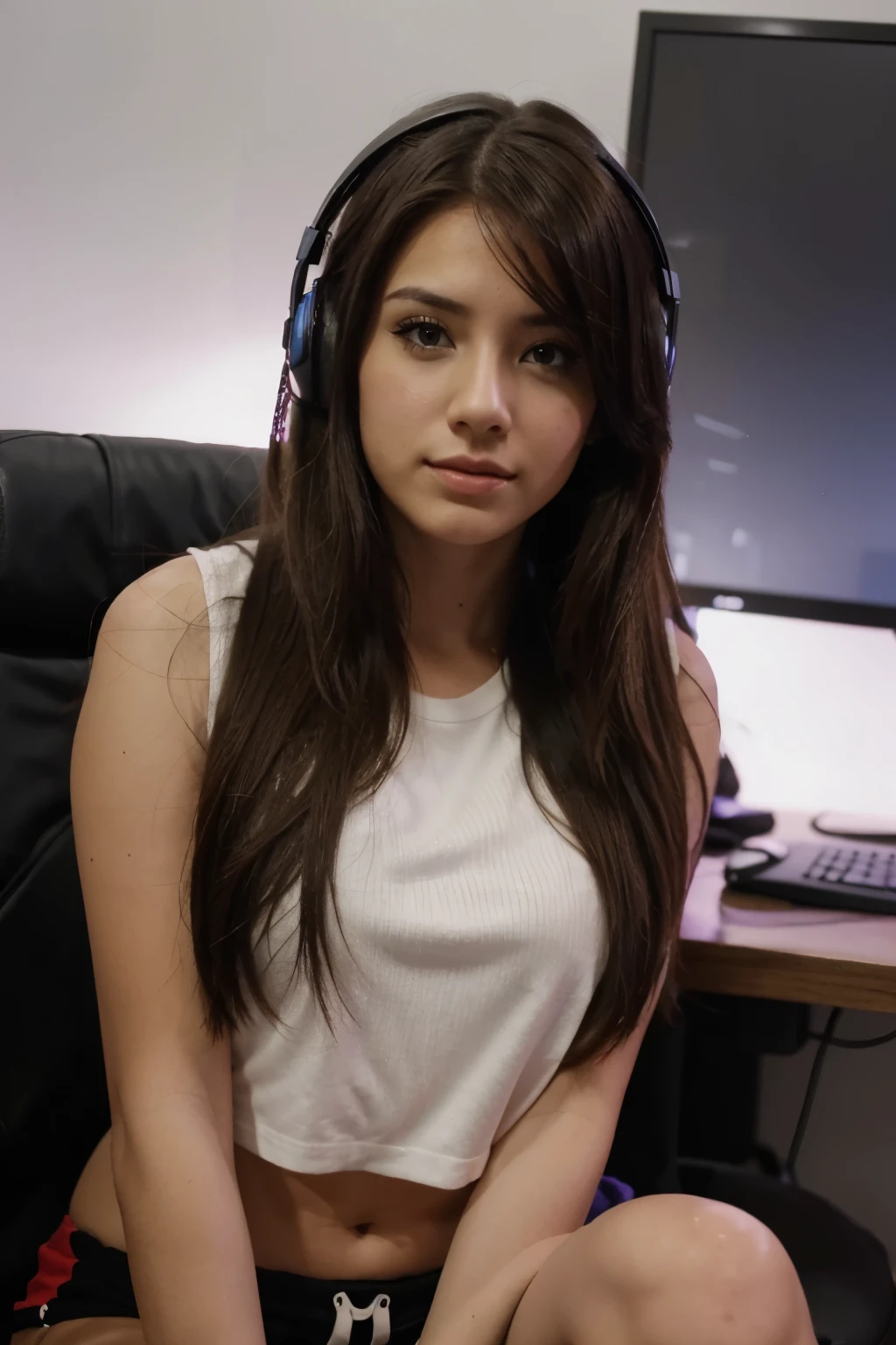 quiero que me hagas una chica con estilo de youtuber, de fondo se ven sus ordenadores su setuo gamer,quiero que sea sexi y que se vea profesional en su trabajo.