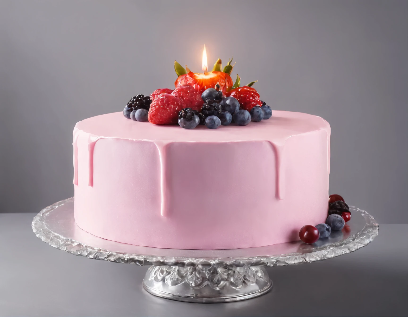 Birthday cake size diamater 40cm, height 20 cm, cake color pink, colorful fruit and chocolate topping.