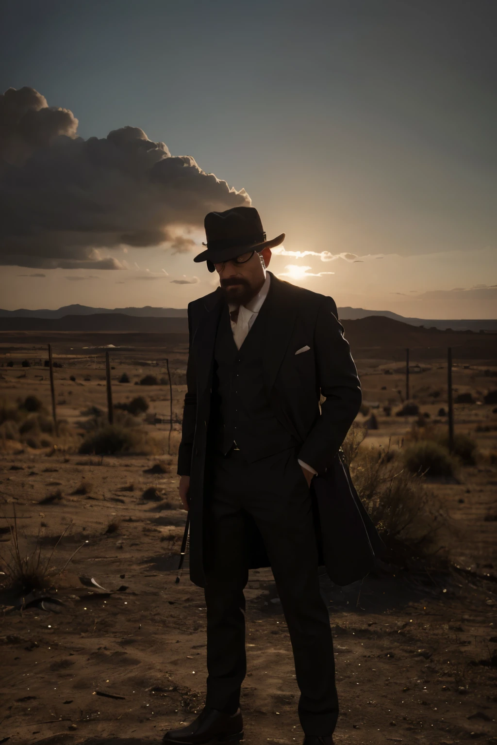 (best quality,4k,8k,highres,masterpiece:1.2),ultra-detailed,(realistic,photorealistic,photo-realistic:1.37),Heisenberg with hat,full body shot,holding a gun,determined and intense expression,shadows dancing across his face,mysterious atmosphere,dark background,cracked desert ground,textured hat with a wide brim,fedora hat casting a slight shadow over his eyes,sharp and distinct facial features,sculpted beard and mustache,smoke billowing from the gun barrel,perfectly tailored black suit,clean and polished leather shoes,pocket square peeking out from his chest pocket,tense and gripping stance,striking contrast between light and dark,hint of blueish hues in the shadows,subtle glimmers of gold reflecting off his gun,flickering campfire illuminating his silhouette,powerful and menacing aura,enigmatic figure standing tall amidst the bleak landscape