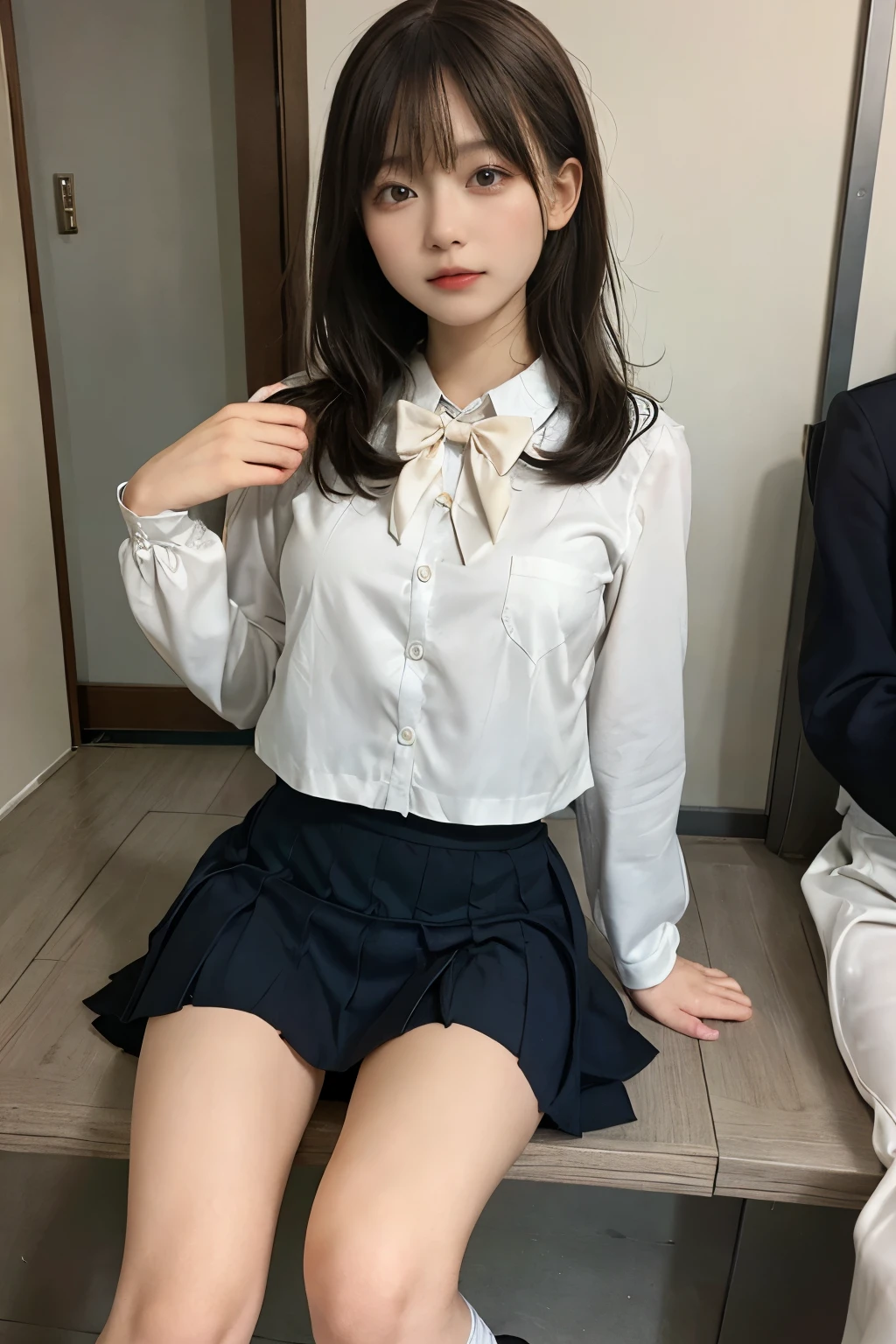 (Showing off her panties女子高校生ひとり)、(Lift up your skirt:1.5)、(White blazer　Pale purple pleated skirt)、Front low angle:1.5、(Showing off her panties)、((Masterpiece、Highest quality、Highest quality)), (Super detailed), (8K ),Raw color photography, Professional photography,  Great face and eyes, Skinny、Model Style、Outdoor、(Light shines on panties)、Pink Hair、(Small breasts:1.3)、Earrings、、Thin thighs、Tiny and slim waist、Happy smile、Wet、