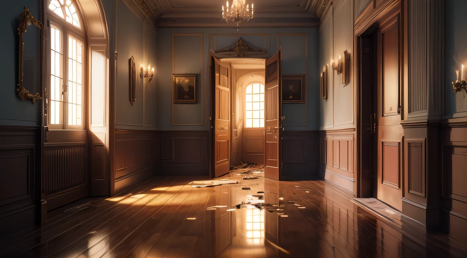 (((Masterpiece))), ((best quality)), highres, (Ultra HD detailed realistic), ((Illustration)), (((A mansion on fire))), (((fire))), ruins, ((European aristocratic style mansion)), fire, burning sparks, burning wooden floor, (reflection on the floor), low angle, exit dangerous, fire dust, (((mansion hallway))),(((mansion on fire)))