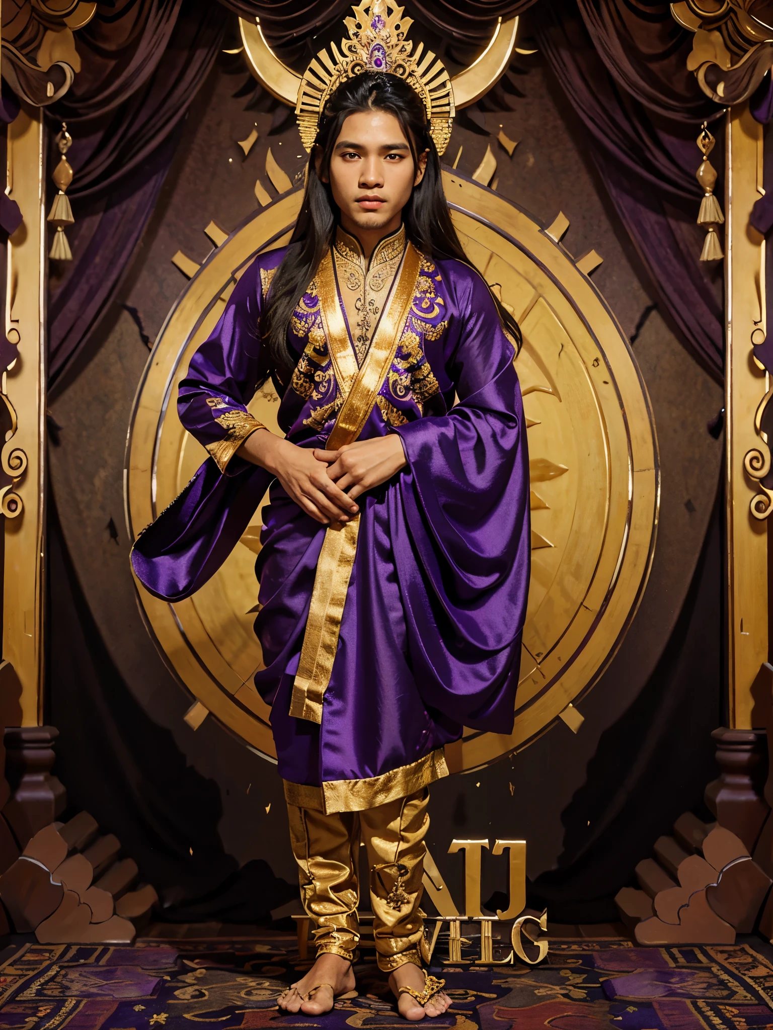 A young Javanese king with a purple aura and long hair wearing Javanese clothes