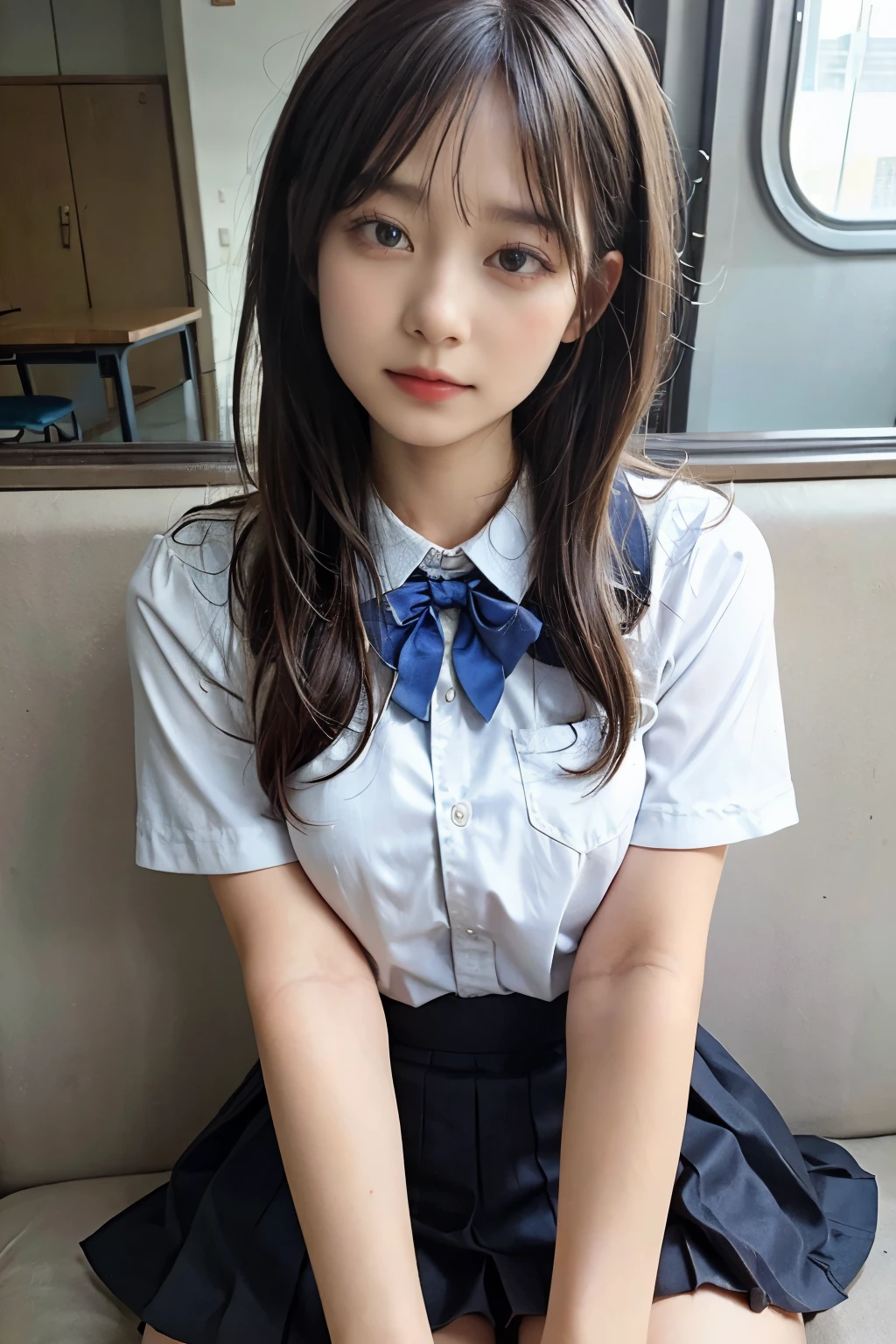 wearing short skirt、Alafid asian woman in bow tie sitting on train, cute schoolgirl, Japanese school girl uniform, wearing japanese school uniform, japanese school uniform, a hyperrealistic schoolgirl, Dress up as a schoolgirl, hyperrealistic schoolgirl, Wearing school uniform, realistic schoolgirl, girl wearing, Wearing school uniform, one posing, whole body, Good skin, glowing skin, beautiful thighs,glowing thighs, Glowing legs, (())