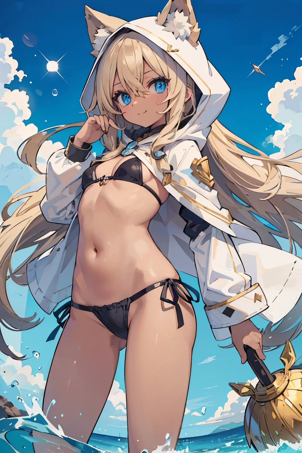 Bondama blonde noble long hair Raking up hair Vtuber wearing a hood brown skin blue eyes eyes like diamonds fluffy black bikini armor smile cute