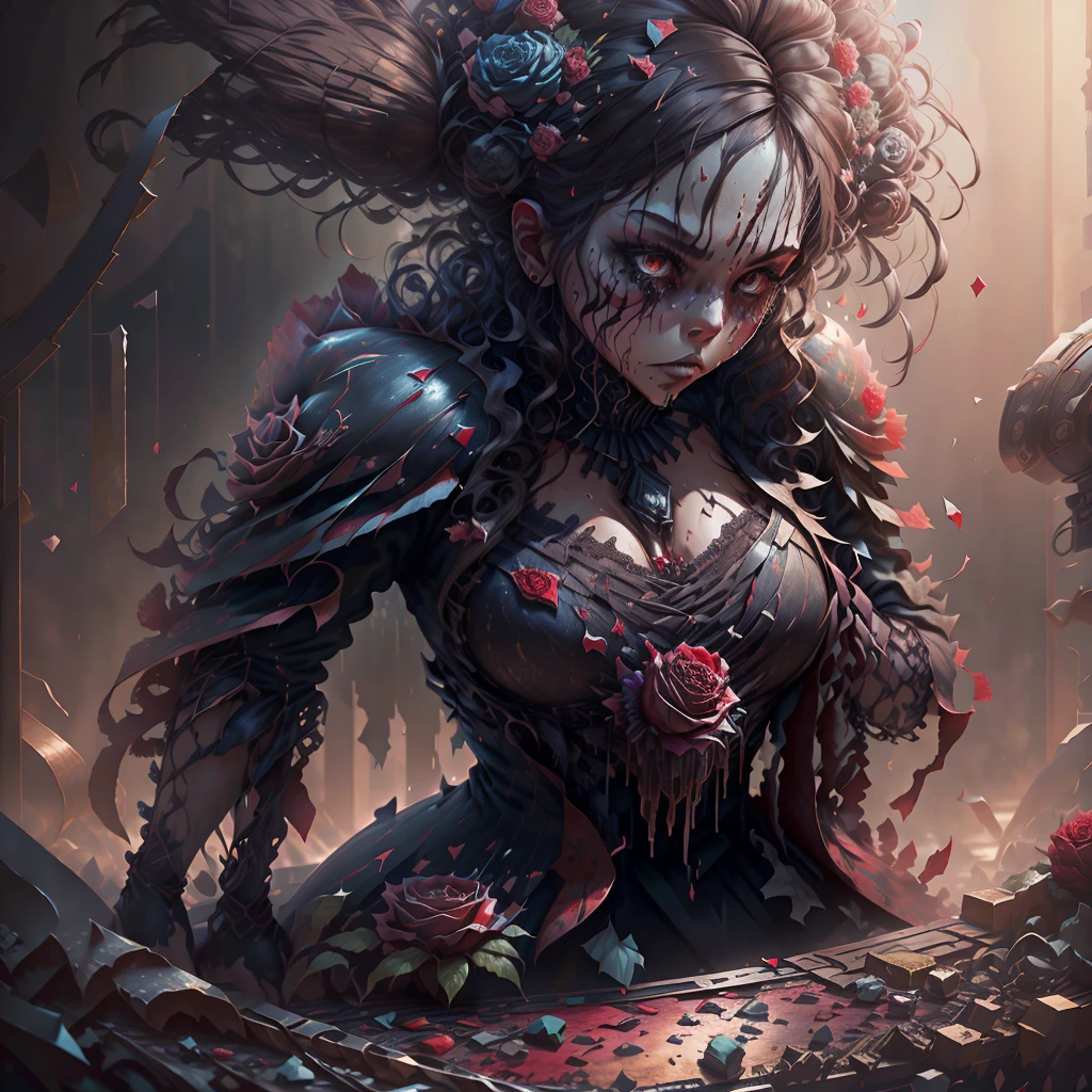 (((One bbw brunette woman))) broken heart, devastated, wind blown hair, (Eden), (light pink roses) ethereal, ripped djellaba, (8K HDR 0.8) (Cinematic lighting 0.9) (Ultra-detailed and complex elements 0.7)(Broken glass effect 1.2) (murderous background 1.1) (vibrances, red, and Ebony 1.1) (crying Emotions 1.2)(Broken Glass Memories 1.2) (Blood-dripping rose thorn 1.2),glass, shattered hearts, teardrops, blood falling from eyes, covered in bloody face, bloody hair, valentines abaya, blood tears dripping, bloody heart, lost soul, hearts