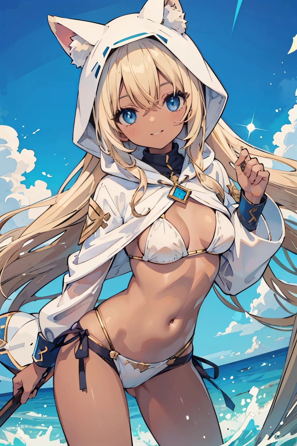Bondama blonde noble long hair Raking up hair Vtuber wearing a hood brown skin blue eyes eyes like diamonds fluffy White Bikini Armor smile cute