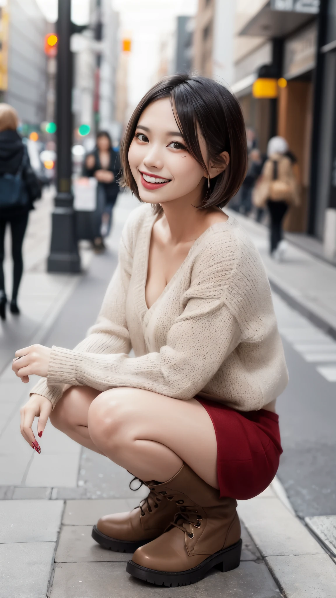 light brown hair, swept bangs, medium hair, heart earrings, light smile, depth of field, cinematic lighting, uhd, anatomically correct, best quality, high details, 8k、One Japanese woman、30 years old、Short Bob Cut Hair、Crouching down, he looks at me.、(Full body photo:1.4)、Small shapely breasts、background:Alley、Focused eyes、Detailed eyes、Detailed face、V-neck summer sweater、Long skirt、belt、Strap Pin Heel、、Symmetrical eyes、Shiny reddish purple lipedically accurate hand、Medically Accurate Feet、