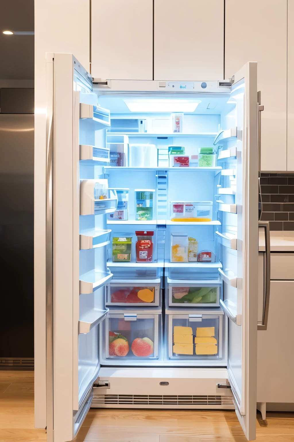 I want a smart refrigerator for the office,Silvery-white appearance,There is an ice maker outside,The refrigerator has a very large capacity,4 doors,Internal light adjustment,There is a staff-only storage area inside,