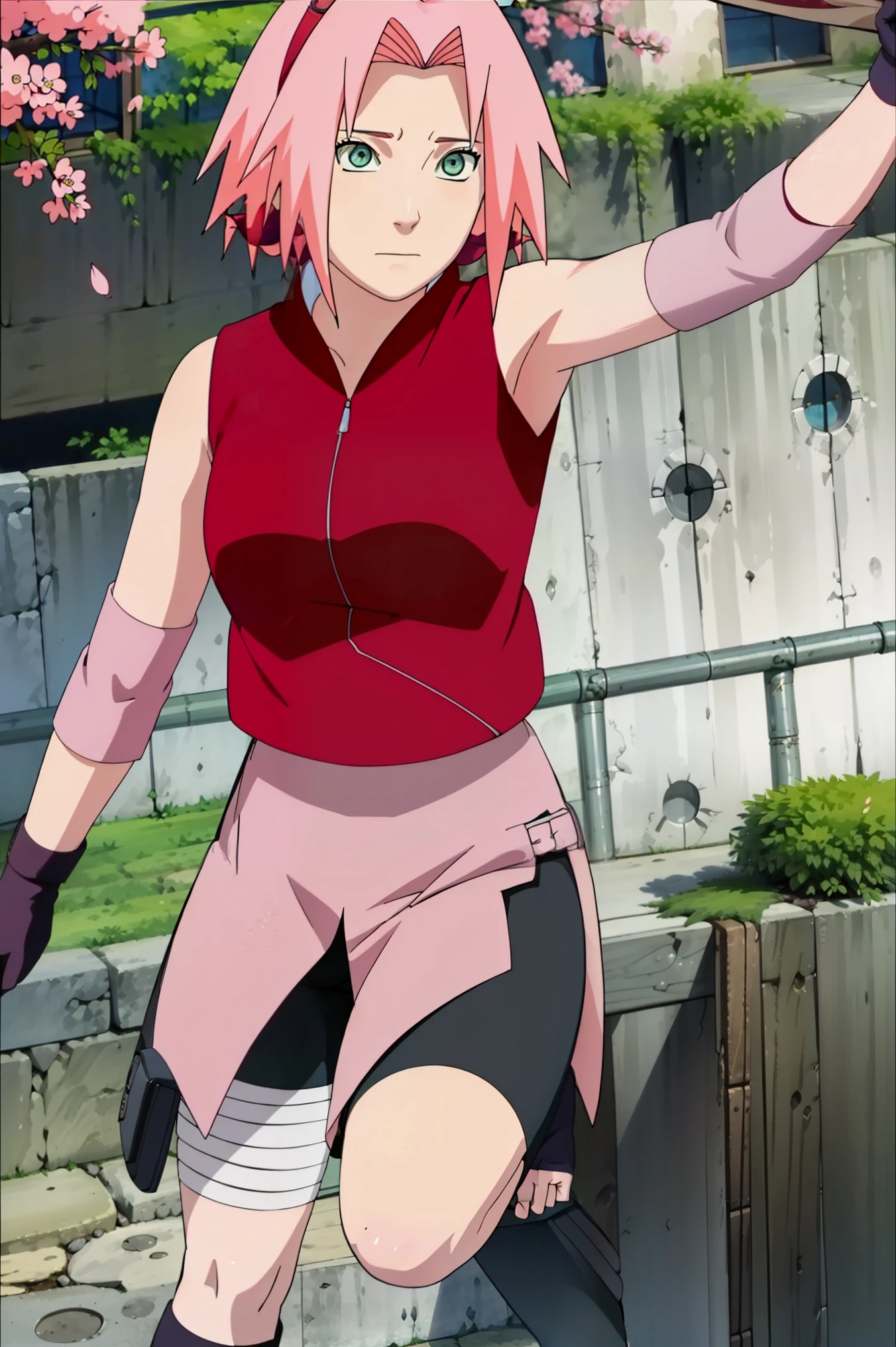 High-quality, ultra-detailed, realistic artwork of a scene from "Sakura Shippuden" with vivid colors, perfect for 4K or 8K resolutions. The scene depicts Sakura Haruno, a young woman, standing gracefully in a garden surrounded by blooming sakura (cherry blossom) trees. She is wearing a red jacket embroidered with the symbol of Konohagakure, the Hidden Leaf Village. Her leg is bandaged, indicating a recent injury. Sakura is wearing a short skirt and toeless footwear, emphasizing her femininity and agility.

Sakura has shoulder-length bangs that softly frame her face, revealing her beautiful, green eyes. Her face is adorned with a forehead protector, which bears the Konohagakure symbol, signifying her allegiance to her village. The artwork showcases Sakura's attention to detail, including her long eyelashes, detailed lips, and delicate features, capturing her determination and inner strength.

The lighting in the scene is soft and warm, casting a gentle glow on the petals of the sakura blossoms. The vibrant colors of the cherry blossoms contrast against Sakura's black short sleeves and gloves, adding depth to the composition. The overall color scheme leans towards pastel tones, enhancing the serene and tranquil atmosphere of the garden.

This masterpiece artwork aims to capture the essence of Sakura Haruno's character, portraying her as a confident, skilled kunoichi amidst the delicate beauty of the sakura garden. The attention to detail, vibrant colors, and realistic rendering will bring this scene to life, evoking the spirit of "Sakura Shippuden" in a visually stunning manner.