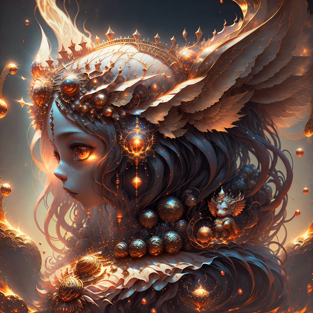 3D closeup of young angelic princess - profile portrait with crown,cute creatures。Beautiful and complex Moroccan style, Moroccan jellabiya, atlas lion, phoenix, Bio-luminescence, Plasma, fiery, ventania, organism, Wu Ya and WLOP and works by Bippel and Greg Rutkovsky, creature00d, (Amber theme:0.7), mtu, mathematician,