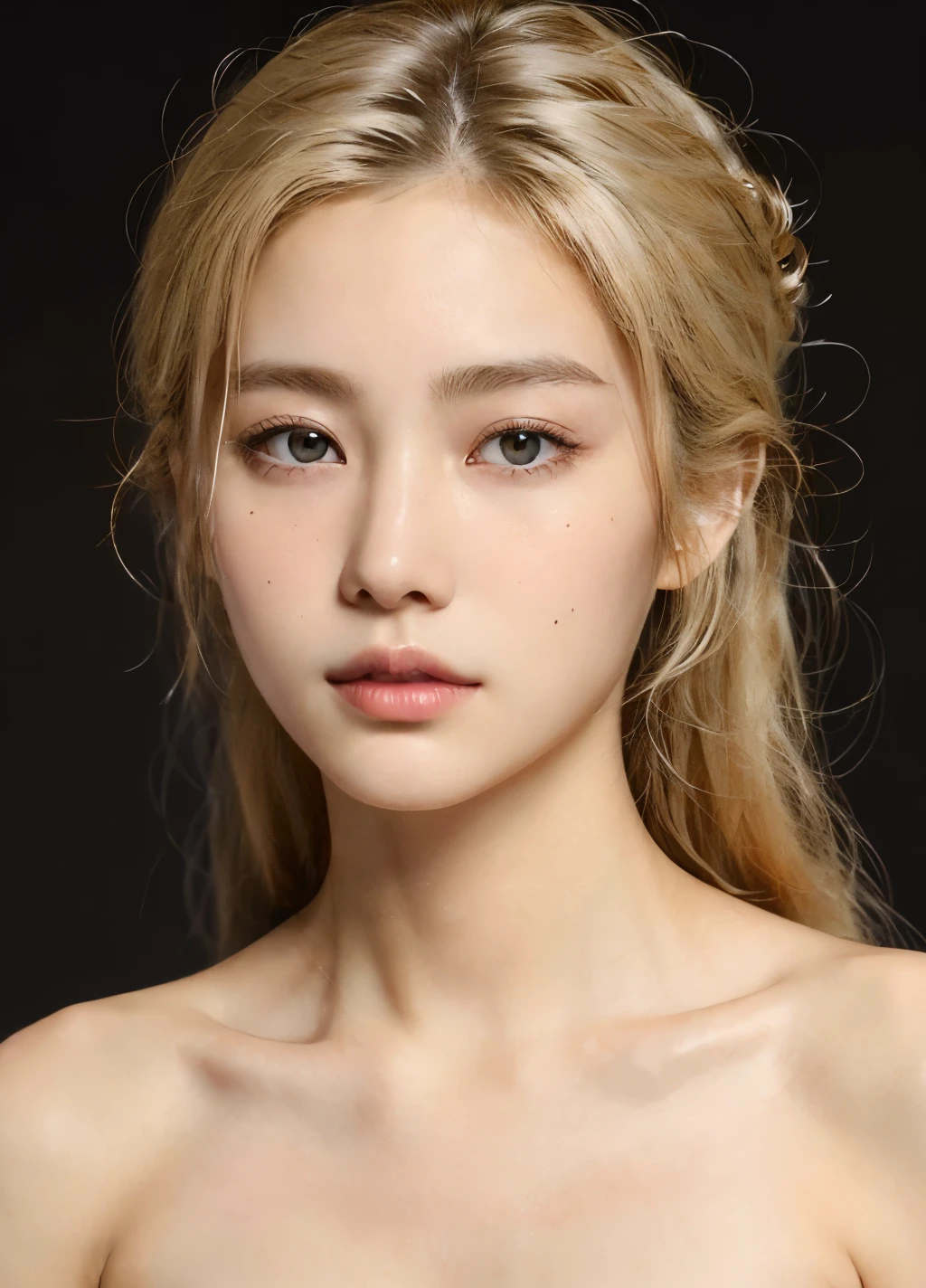 Masterpiece,best quality,higher,1 girl, Beautiful face, (simple background:1.2),   Asia,(Brown Race),black skin,blonde hair,chest