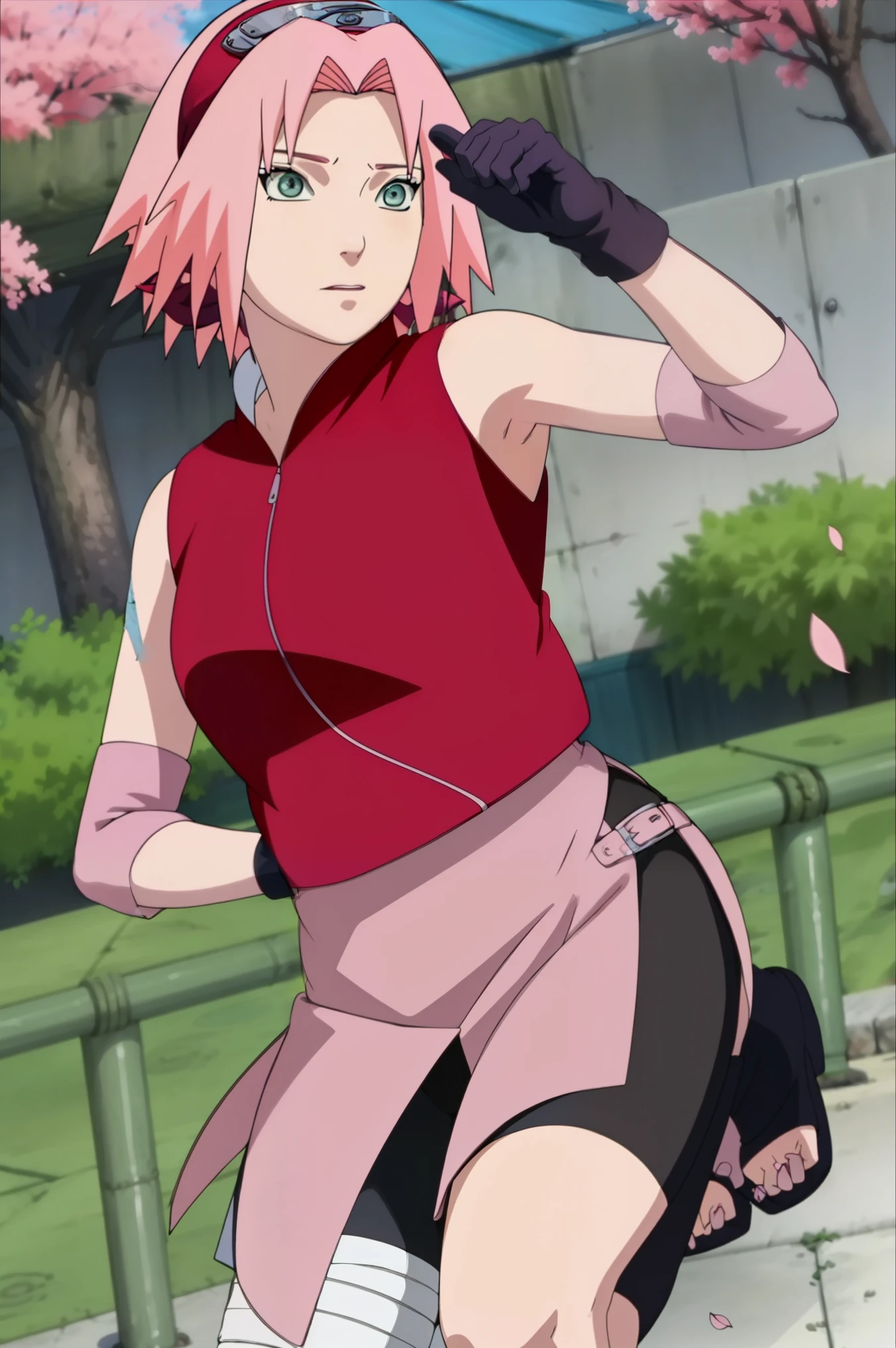 High-quality, ultra-detailed, realistic artwork of a scene from "Sakura Shippuden" with vivid colors, perfect for 4K or 8K resolutions. The scene depicts Sakura Haruno, a young woman, standing gracefully in a garden surrounded by blooming sakura (cherry blossom) trees. She is wearing a red jacket embroidered with the symbol of Konohagakure, the Hidden Leaf Village. Her leg is bandaged, indicating a recent injury. Sakura is wearing a short skirt and toeless footwear, emphasizing her femininity and agility.

Sakura has shoulder-length bangs that softly frame her face, revealing her beautiful, green eyes. Her face is adorned with a forehead protector, which bears the Konohagakure symbol, signifying her allegiance to her village. The artwork showcases Sakura's attention to detail, including her long eyelashes, detailed lips, and delicate features, capturing her determination and inner strength.

The lighting in the scene is soft and warm, casting a gentle glow on the petals of the sakura blossoms. The vibrant colors of the cherry blossoms contrast against Sakura's black short sleeves and gloves, adding depth to the composition. The overall color scheme leans towards pastel tones, enhancing the serene and tranquil atmosphere of the garden.

This masterpiece artwork aims to capture the essence of Sakura Haruno's character, portraying her as a confident, skilled kunoichi amidst the delicate beauty of the sakura garden. The attention to detail, vibrant colors, and realistic rendering will bring this scene to life, evoking the spirit of "Sakura Shippuden" in a visually stunning manner.