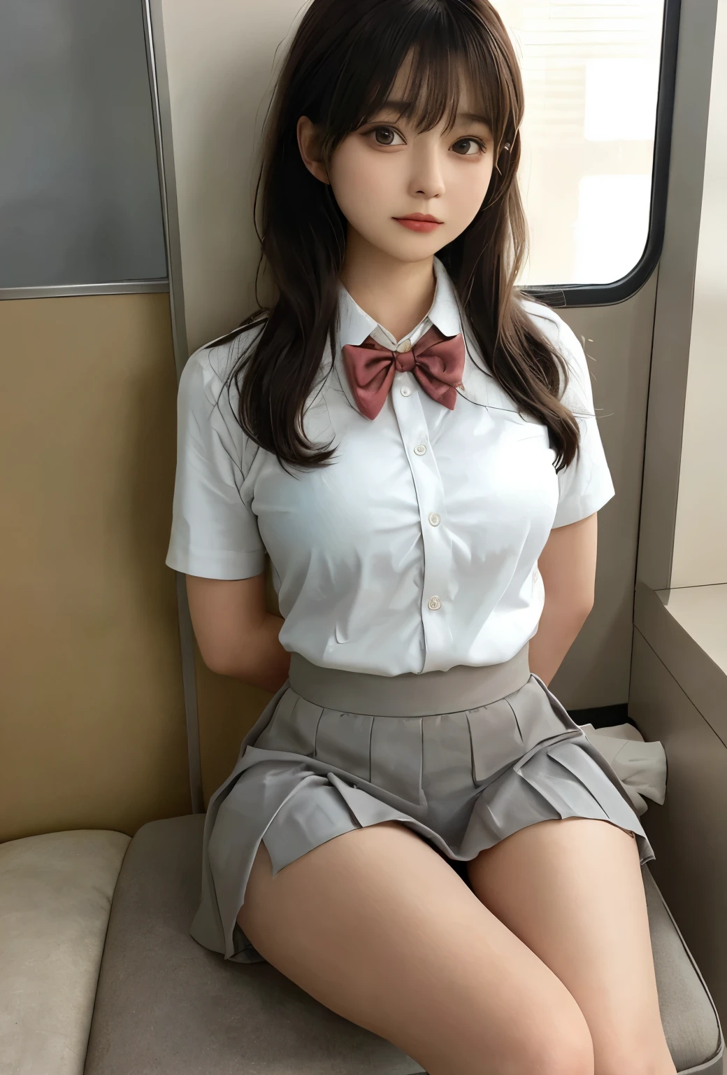 wearing short skirt、Alafid asian woman wearing bow tie sitting on train, cute schoolgirl, japanese schoolgirl, wearing japanese school uniform, japanese school uniform, a hyperactual schoolgirl, Dress up as a schoolgirl, hyperactual schoolgirl, Wearing school uniform, actual , girl wearing, Wearing school uniform, A pose, whole body, Good skin, glowing skin, beautiful thighs,glowing thighs, Glowing legs, (())