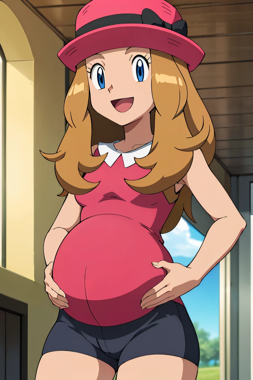 obra maestra, Mejor calidad, high resolution, al aire libre, 1 chica, Solo, serena (pokemon), sombreros rosas, falda roja, la camisa negra, hombros descubiertos, mirando al espectador, embarazada, pregnant, sonrisa timida, rubor.