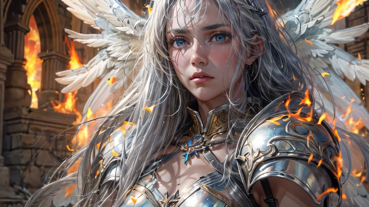 4K, ((very delicate))realistic, high resolution, soft light,1 woman, alone, ((burning castle background)), look at the viewer, (detailed face), ((enlargement)) After losing the angel war, me'me는 무릎을 꿇고 앉아 있다., ((Archangel Michael)), woe, rage, tear, long hair, silver hair, big bust, Beautiful girl, bikini, golden angel armor, ((An old silver sword stuck on the floor)),