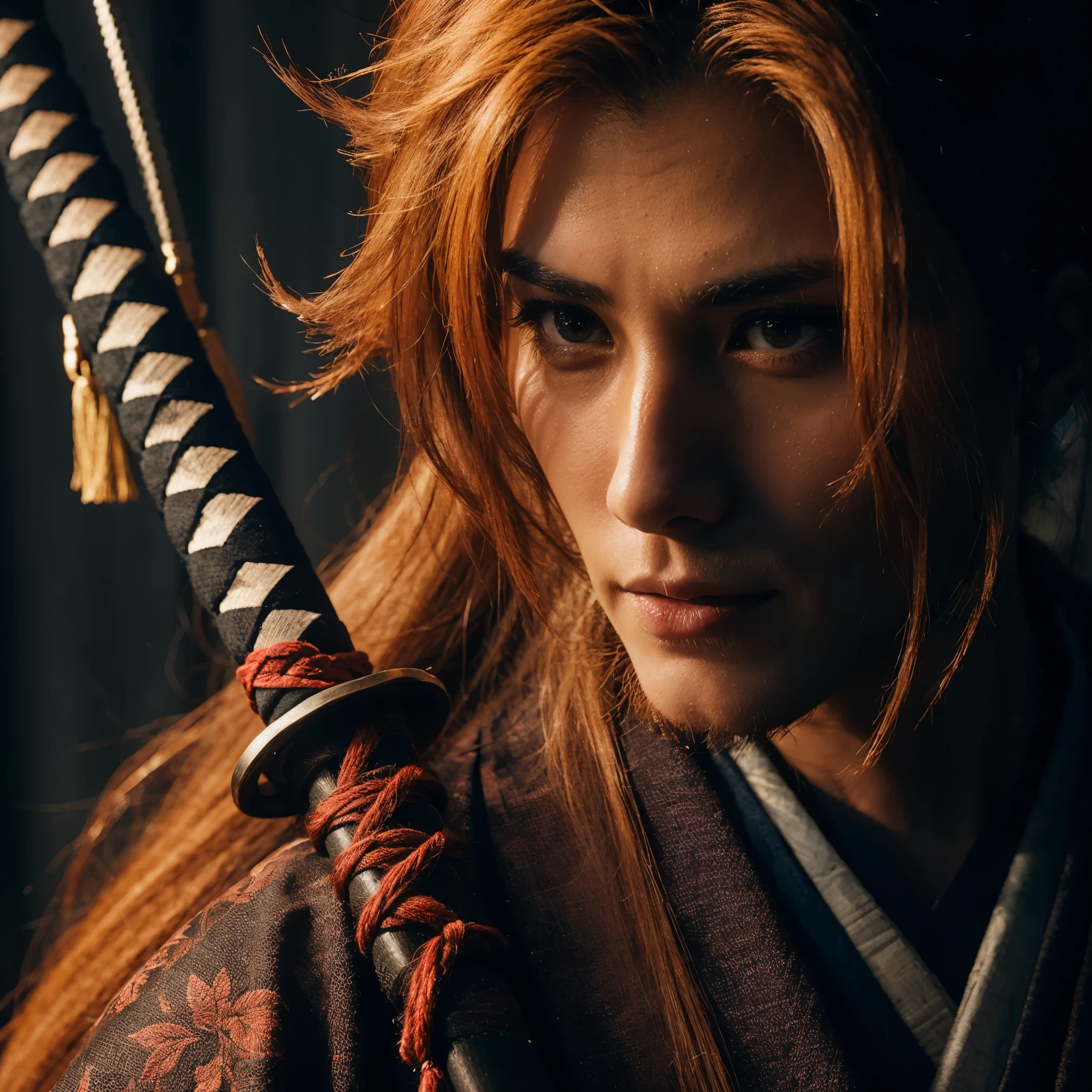 Pendekar laki laki dengan samurai, foto realistic, 8k, ultra HD