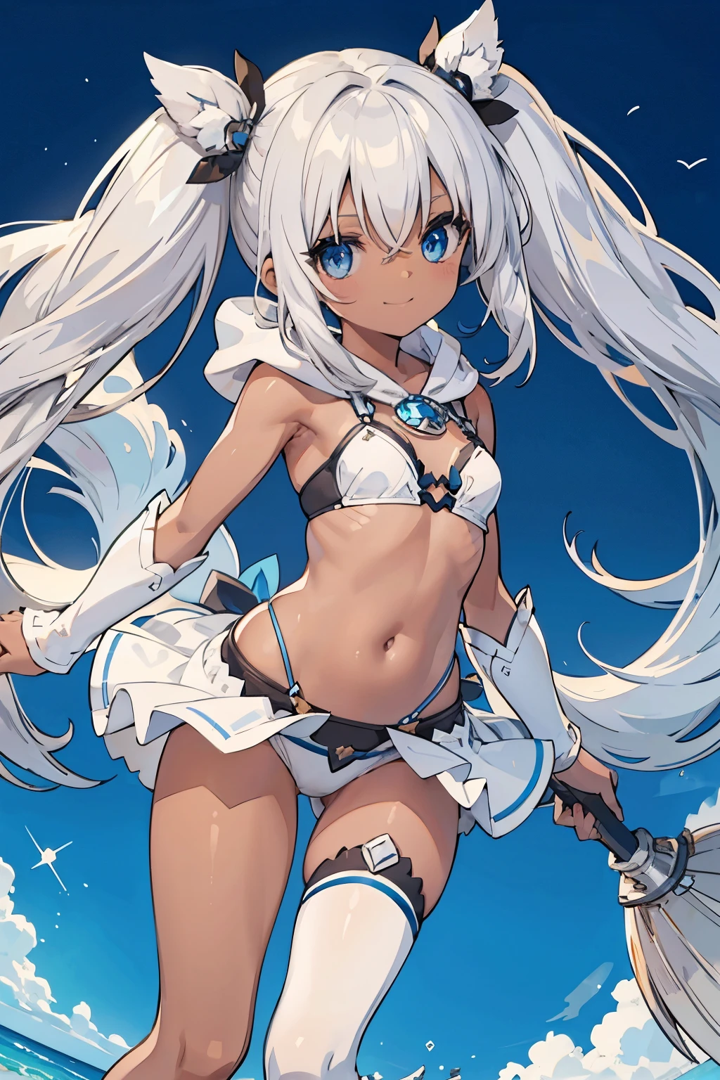 Bondama silver hair noble long hair Raking up hair Vtuber wearing a hood brown skin blue eyes eyes like diamonds fluffy White Bikini Armor smile cute dark skin twin tails