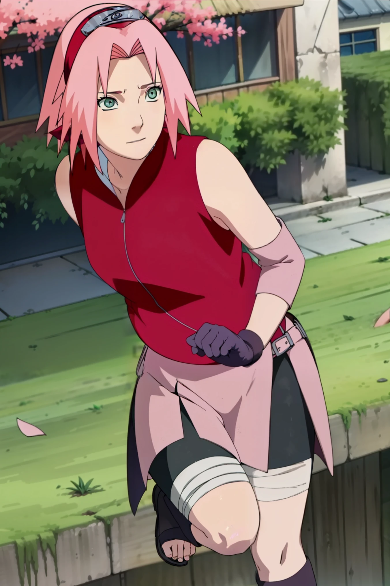 High-quality, ultra-detailed, realistic artwork of a scene from "Sakura Shippuden" with vivid colors, perfect for 4K or 8K resolutions. The scene depicts Sakura Haruno, a young woman, standing gracefully in a garden surrounded by blooming sakura (cherry blossom) trees. She is wearing a red jacket embroidered with the symbol of Konohagakure, the Hidden Leaf Village. Her leg is bandaged, indicating a recent injury. Sakura is wearing a short skirt and toeless footwear, emphasizing her femininity and agility.

Sakura has shoulder-length bangs that softly frame her face, revealing her beautiful, green eyes. Her face is adorned with a forehead protector, which bears the Konohagakure symbol, signifying her allegiance to her village. The artwork showcases Sakura's attention to detail, including her long eyelashes, detailed lips, and delicate features, capturing her determination and inner strength.

The lighting in the scene is soft and warm, casting a gentle glow on the petals of the sakura blossoms. The vibrant colors of the cherry blossoms contrast against Sakura's black short sleeves and gloves, adding depth to the composition. The overall color scheme leans towards pastel tones, enhancing the serene and tranquil atmosphere of the garden.

This masterpiece artwork aims to capture the essence of Sakura Haruno's character, portraying her as a confident, skilled kunoichi amidst the delicate beauty of the sakura garden. The attention to detail, vibrant colors, and realistic rendering will bring this scene to life, evoking the spirit of "Sakura Shippuden" in a visually stunning manner.