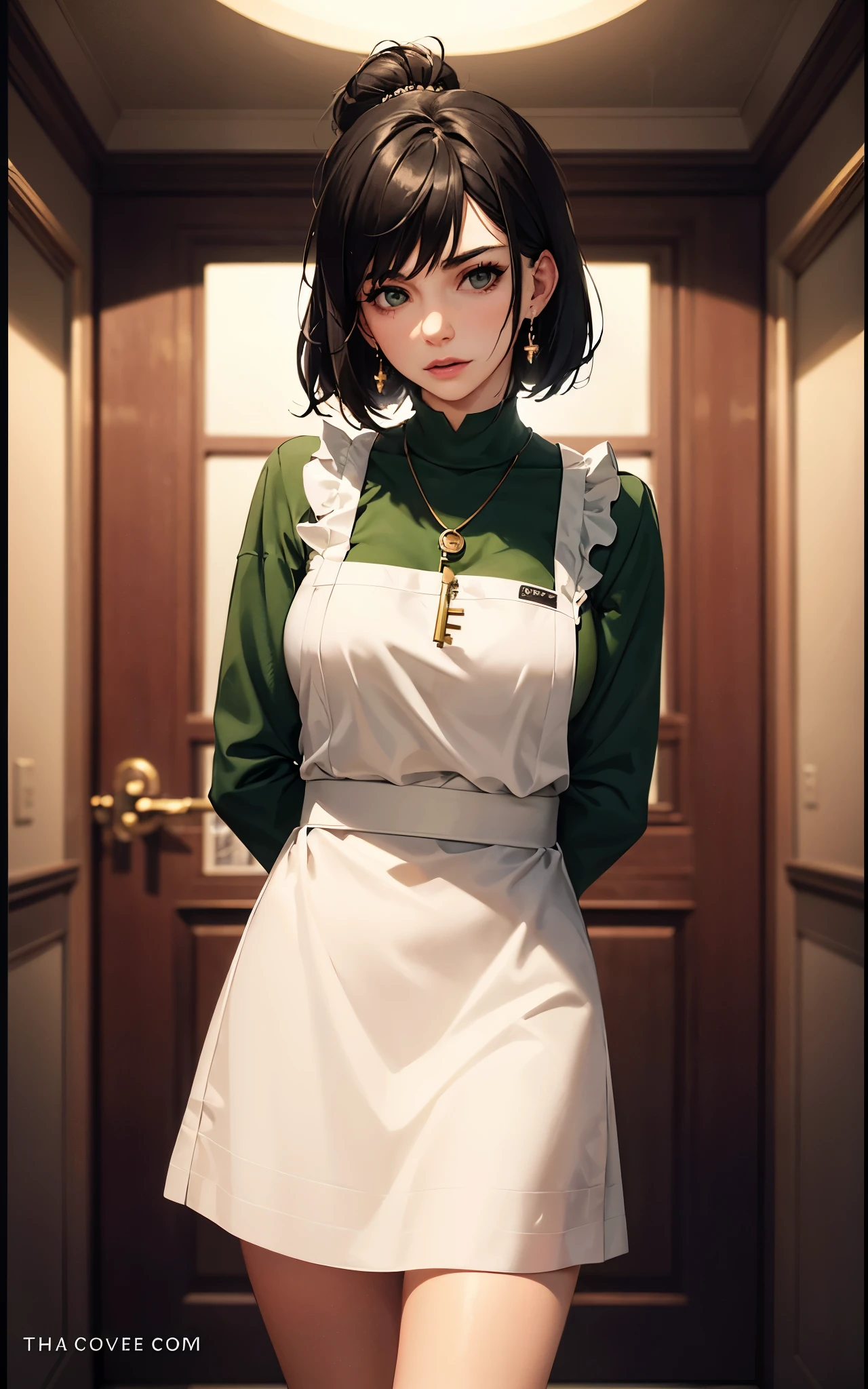 (Dua Lipa:Evangeline Lilly) waitress, ((white apron)), ((green shirt)), 1920 style, masterpiece, Lovecraft atmosphere, (pendant of a key), hyperdetailed, ((rule of thirds))