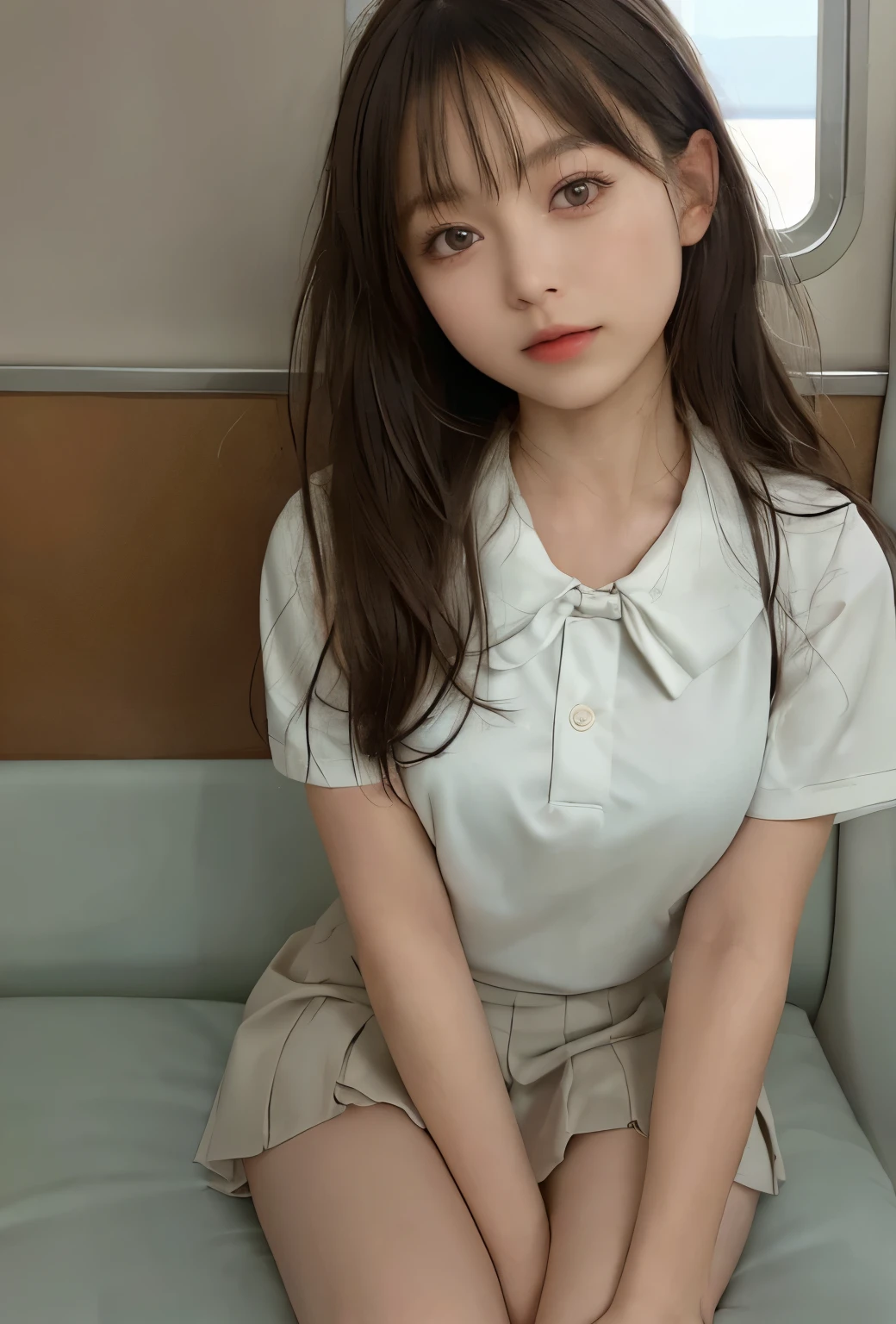 wearing short skirt、Alafid asian woman in bow tie sitting on train, cute schoolgirl, Japanese school girl uniform, wearing japanese school uniform, japanese school uniform, a hyperrealistic schoolgirl, Dress up as a schoolgirl, hyperrealistic schoolgirl, Wearing school uniform, realistic schoolgirl, girl wearing, Wearing school uniform, one posing, whole body, Good skin, glowing skin, beautiful thighs,glowing thighs, Glowing legs, (())