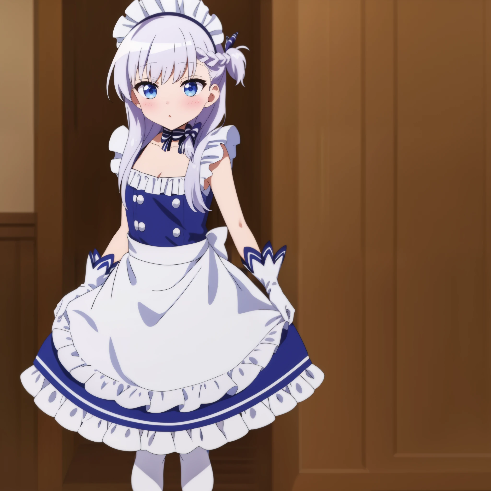 maid headdress,braid,white gloves,aged down,white hair,white pantyhose,maid,one side up,white apron,blue dress,ribbon,shoes,blue eyes,elbow gloves,sleeveless dress,purple eyes,frilled apron,blush,frills,bangs,blue ribbon,long hair,