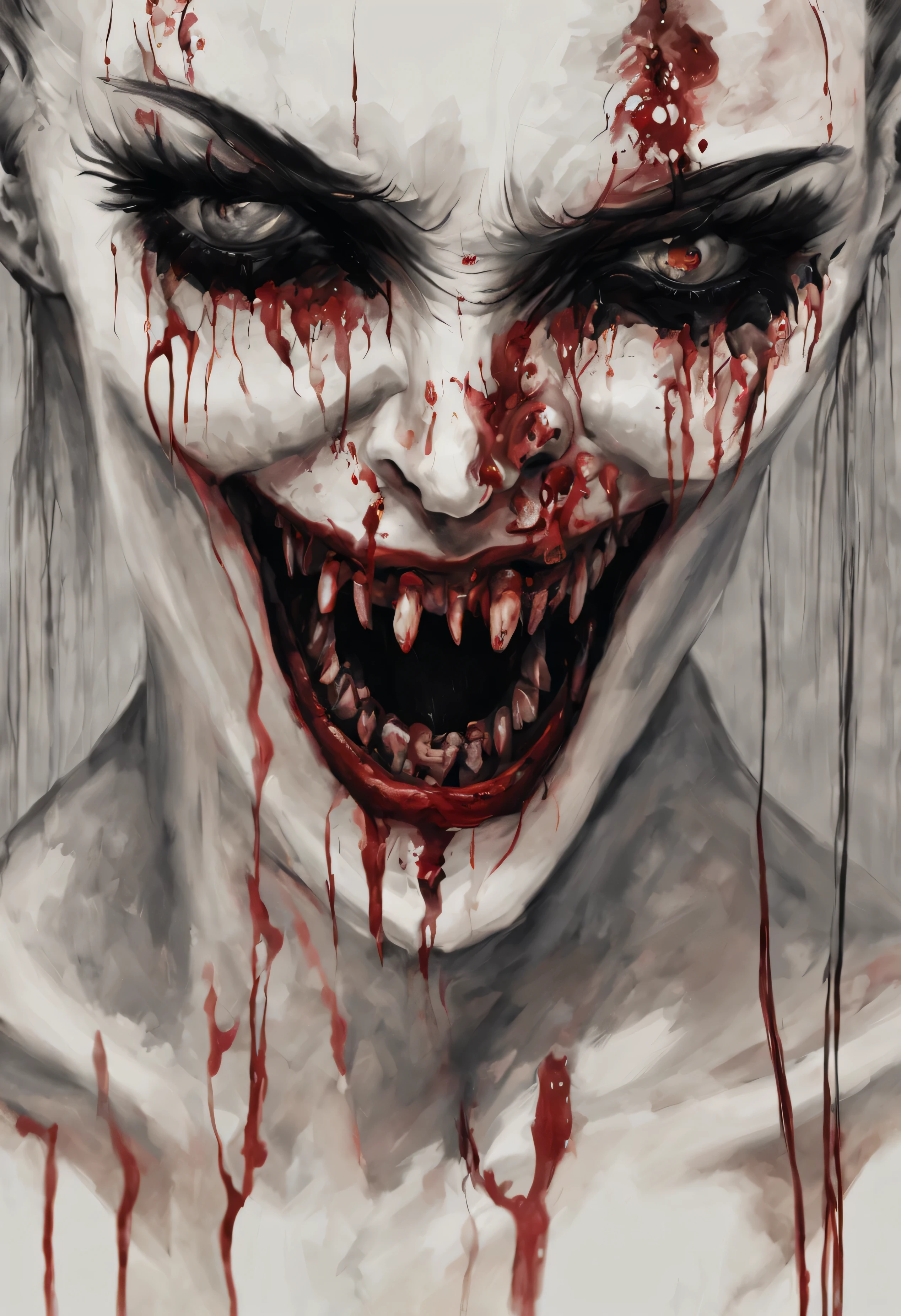 arafed image of a creepy woman with a bloody face, concept art inspired by Samuel Hieronymus Grimm, tumblr, gothic art, scary vampire, morbius, male vampire of clan banu haqim, grim expression, ( ( ( horror art ) ) ), just art for dark metal music, scary creature, scary face, grim facial expression, demonic creature