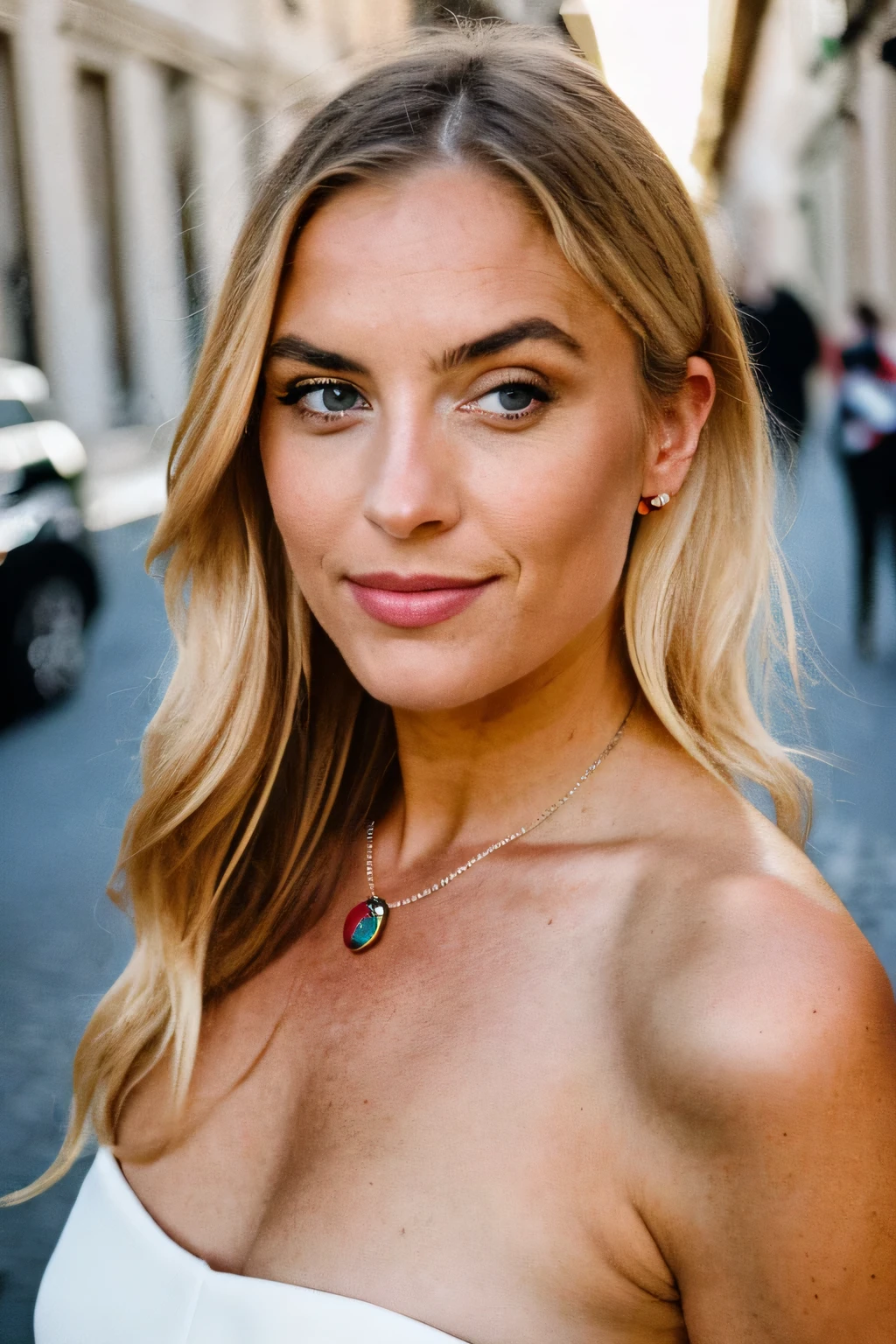 detailliert,(realistisch,photorealistisch,photo-realistisch),Instagram Post,eine atemberaubende junge Italienerin,lachend, Her personality is reminiscent of the timeless charm of Italy. Ihre Augen, voller Geschichten, Die Augen haben einen hellen Blauton, Weisheit mit einem Hauch von Unfug ausstrahlend. Ihre Lippen, reich und rot, reflect the vitality of Italian culture. Ihre Haare, as blonde and flowing as gold, umrahmt ihr junges Gesicht. The body is slim, die Beine lang. Flawless tanned skin,In einem roten Kleid gekleidet, Die leuchtenden Farben des Kleides scheinen den Geist Italiens widerzuspiegeln. Die Umgebung um sie herum zeigt eine typische Strassenszene aus Rom, Beautiful colorful Italian facades, nette Cafes und bunten Sonnenschirmen. Warmes Sonnenlicht.high resolution, Instagram Post