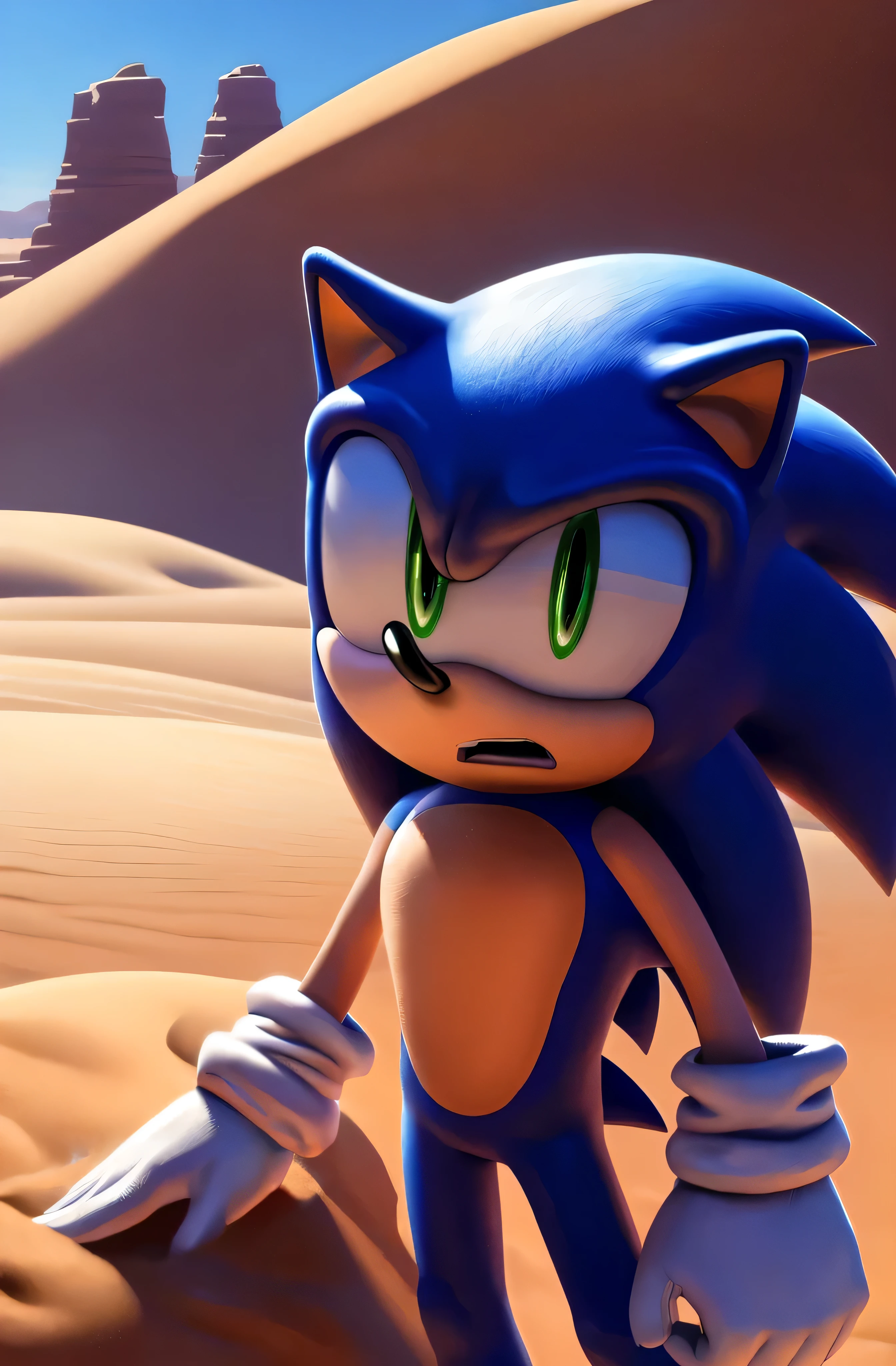 (masterpiece), Beautiful, very detailed, 8k contract, complex parts, Best quality, correct anatomy, bright lighting, HD, Digital painting, Digital art, trending on ArtStation, ((Sonic the Hedgehog)), costs, serious, green eyes, wicked, Close-up, desert, sand, White gloves, animal nose