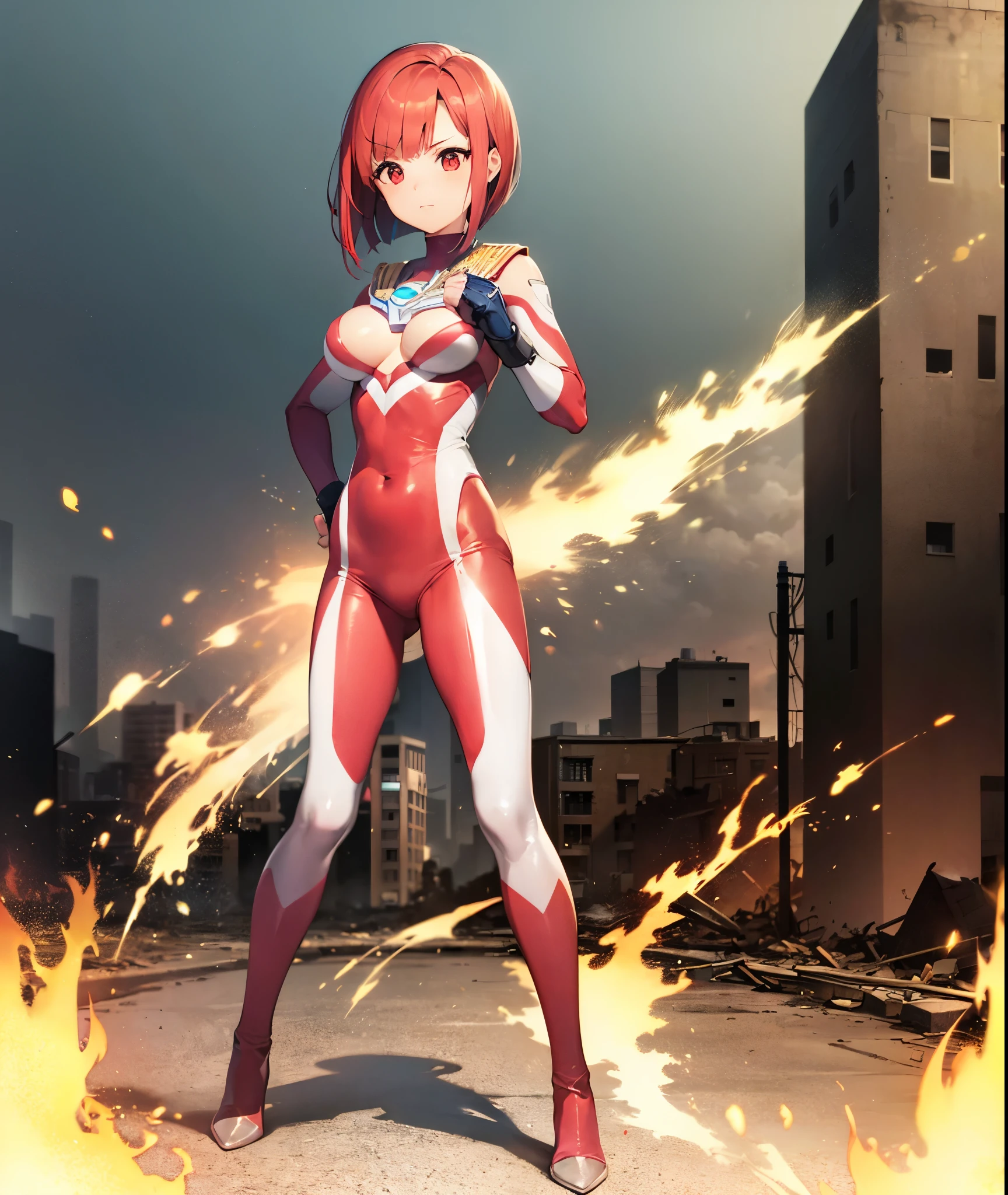 highest quality, ultra detail, High quality CG drawing, The most delicate and beautiful, Float softly, High resolution, (1 girl), (Highest image quality,4K,8K,masterpiece:1.2),(bright red hair:1.5),(short bob:1.5),(red eyes:1.5), (Ultra Girl :1.0), (silver and red ultraman bodysuit:1.4),big breasts,(Put your hands on your hips:1.2),(fist:1.2),The burning city,large number of buildings,Ruined buildings,In flames