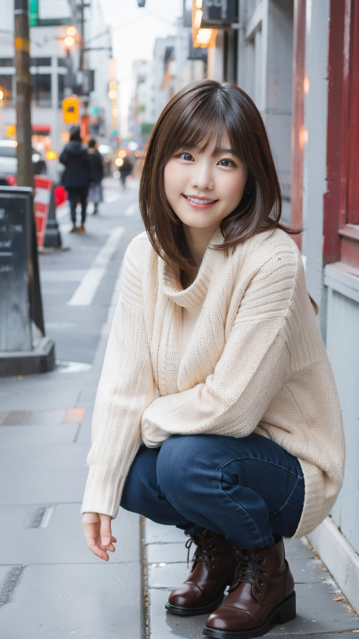 Photo taken by a professional photographer,laughter:1.5,Close-up of a 30-year-old Japanese woman squatting on the sidewalk, wearing a sweater, Short-cut brown hair, hair is disheveled,young and cute girl, Wearing a miniskirt:1.5,Wear stylish boots,Fancy makeup with red eyeshadow,Beautiful thighs are visible,