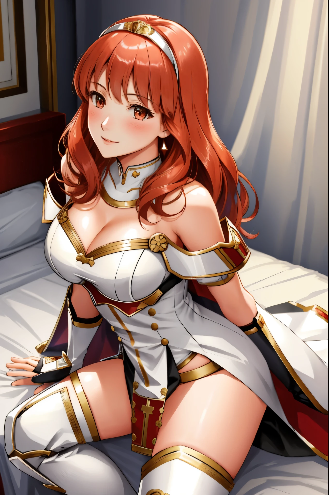 celica fe, 1girl, solo, looking at viewer, blush, sitting, wariza, on bed, seductive smile, cape, armor, dress, bare shoulders, thighhighs, tiara, gloves, pelvic curtain, leaning forward, cleavage, large breasts, thick thighs