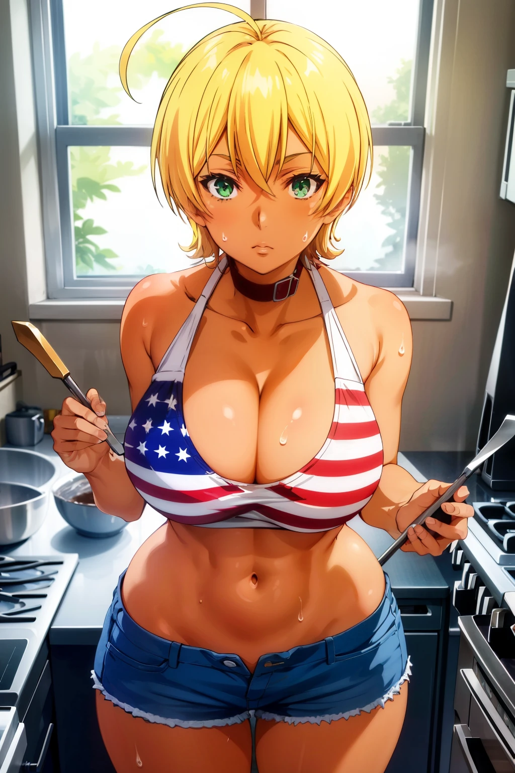 expensive body, expensive, long legs, mature female, mature, adult, Halberd_Ikumi, 1 girl, chest, blonde hair, alone, green eyes, black skin, 浅black skinの女性, short hair, shorts, Sweat, belly button, large chest, Ahoge, cleavage, put your hand on your waist, short shorts, abdomen, looking at the viewer, denim shorts, denim, collar, tank top, kitchen, indoors, crop top, stove, open fly, cowboy shot, window, blue shorts, bare shoulders, collarbone, holding, hair between eyes, closed mouth, cooking, button removed, standing, tan,(huge breast),round breast,cleavage,sweat,american flag bra,toned stomach