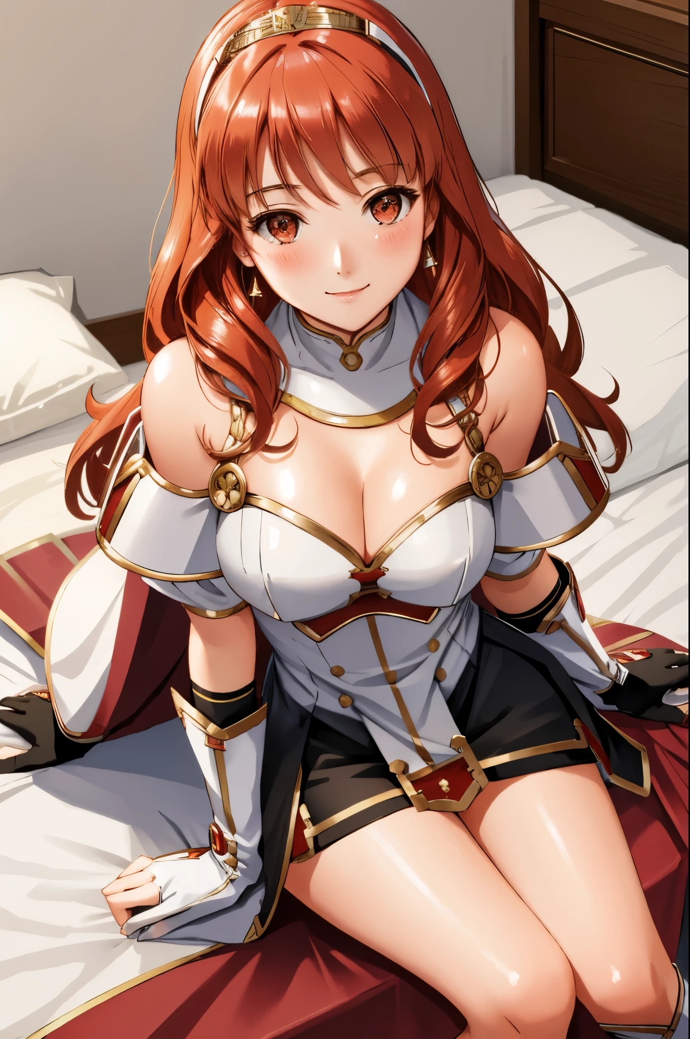 celica fe, 1girl, solo, looking at viewer, blush, sitting, wariza, on bed, seductive smile, cape, armor, dress, bare shoulders, thighhighs, tiara, gloves, pelvic curtain, leaning forward, cleavage, large breasts, thick thighs