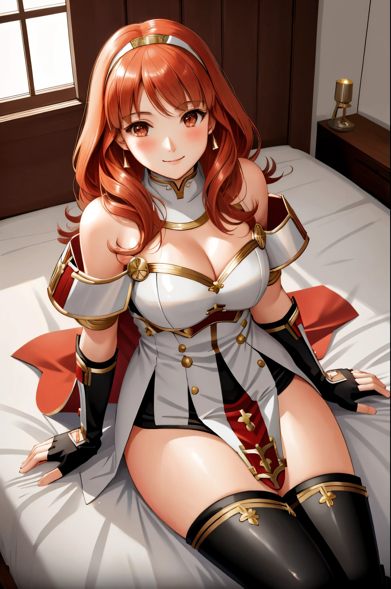 celica fe, 1girl, solo, looking at viewer, blush, sitting, wariza, on bed, seductive smile, cape, armor, dress, bare shoulders, thighhighs, tiara, gloves, pelvic curtain, leaning forward, cleavage, large breasts, thick thighs