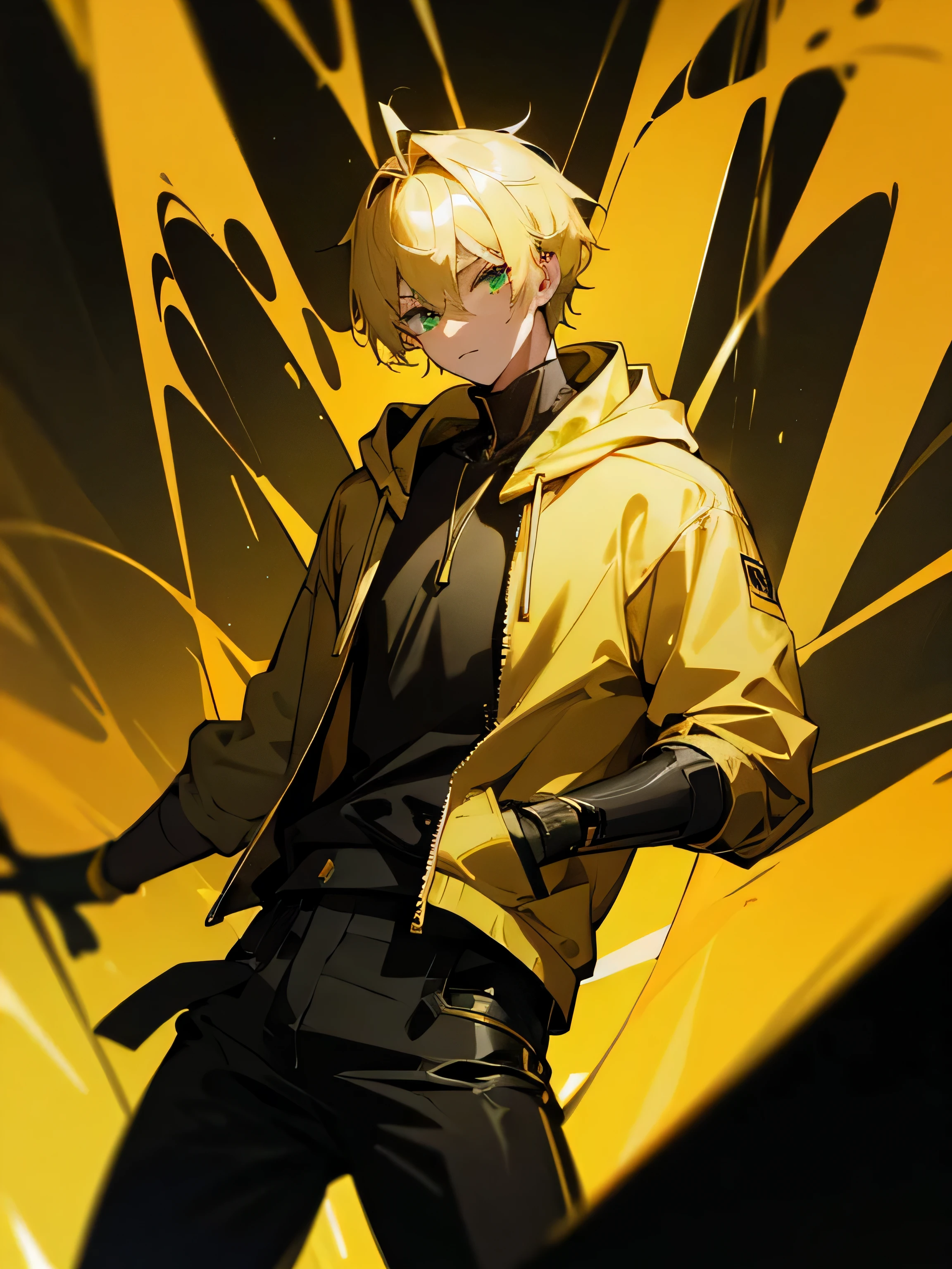 1boy, blonde hair, shining green eyes, wearing golden hoodie, black pants, abstract cyberpunk golden background, absurdres, high res, ultrasharp, 8K, masterpiece, looking at viewer