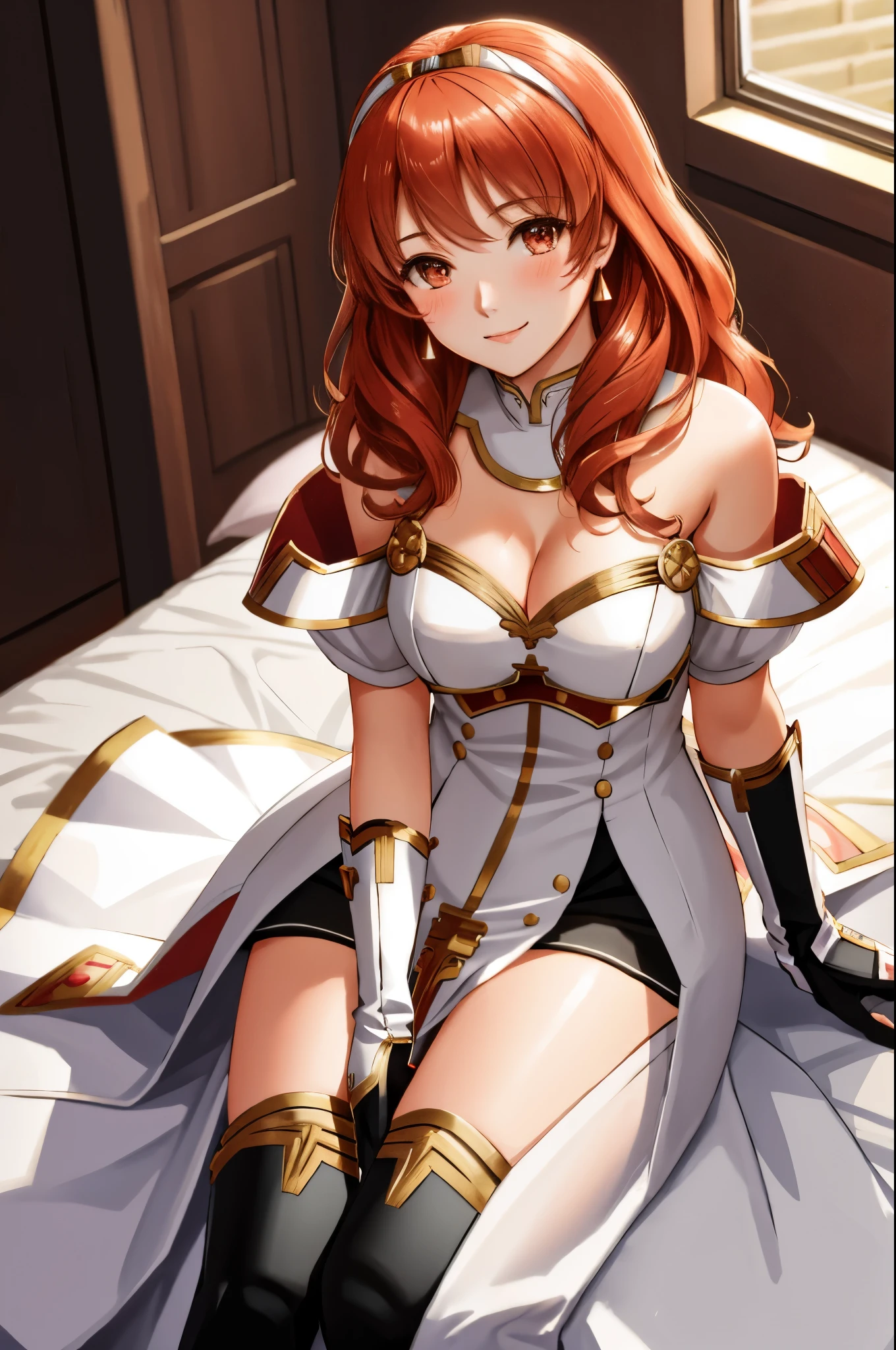 celica fe, 1girl, solo, looking at viewer, blush, sitting, wariza, on bed, seductive smile, cape, armor, dress, bare shoulders, thighhighs, tiara, gloves, pelvic curtain, leaning forward, cleavage, large breasts, thick thighs