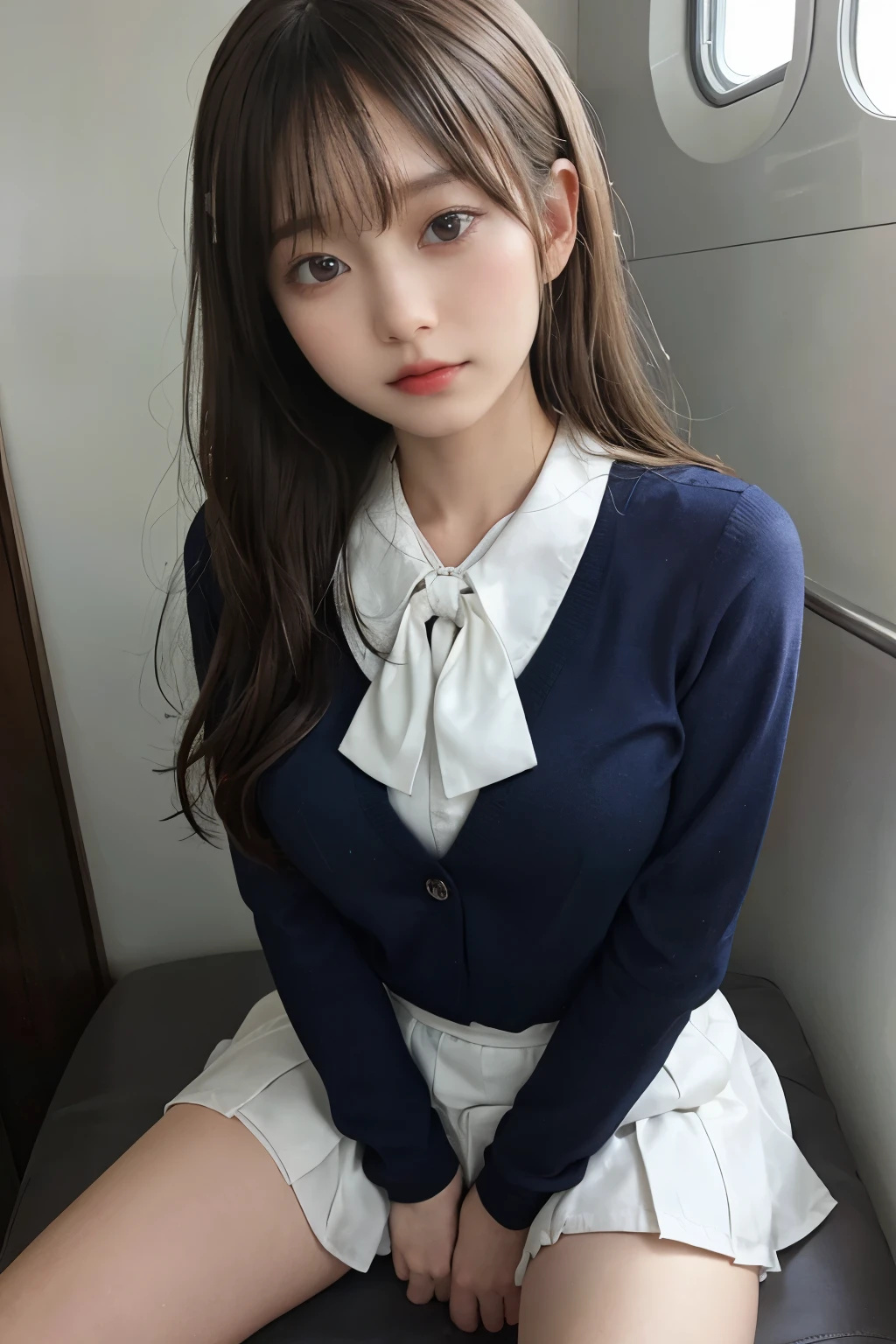 ((of the highest quality, 8K, masutepiece: 1.3, Raw photo)), Sharp Focus: 1.2, (1 AESPA Girl :1.1), Solo, (Realistic, Photorealistic: 1.37), (Face Focus: 1.1), Cute face, hyperdetailed face, brunette short messy hair, Small Smile, slender, (school uniform like Off-the-shoulder chiffon dress: 1.2), (Sitting with one knee up: 1.3), classroom, panties, flower, dahlia