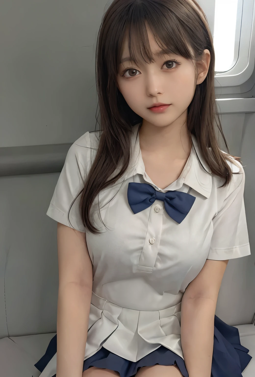 wearing short skirt、Alafid asian woman in bow tie sitting on train, cute schoolgirl, Japanese school girl uniform, wearing japanese school uniform, japanese school uniform, a hyperrealistic schoolgirl, Dress up as a schoolgirl, hyperrealistic schoolgirl, Wearing school uniform, realistic schoolgirl, girl wearing, Wearing school uniform, one posing, whole body, Good skin, glowing skin, beautiful thighs,glowing thighs, Glowing legs, (())