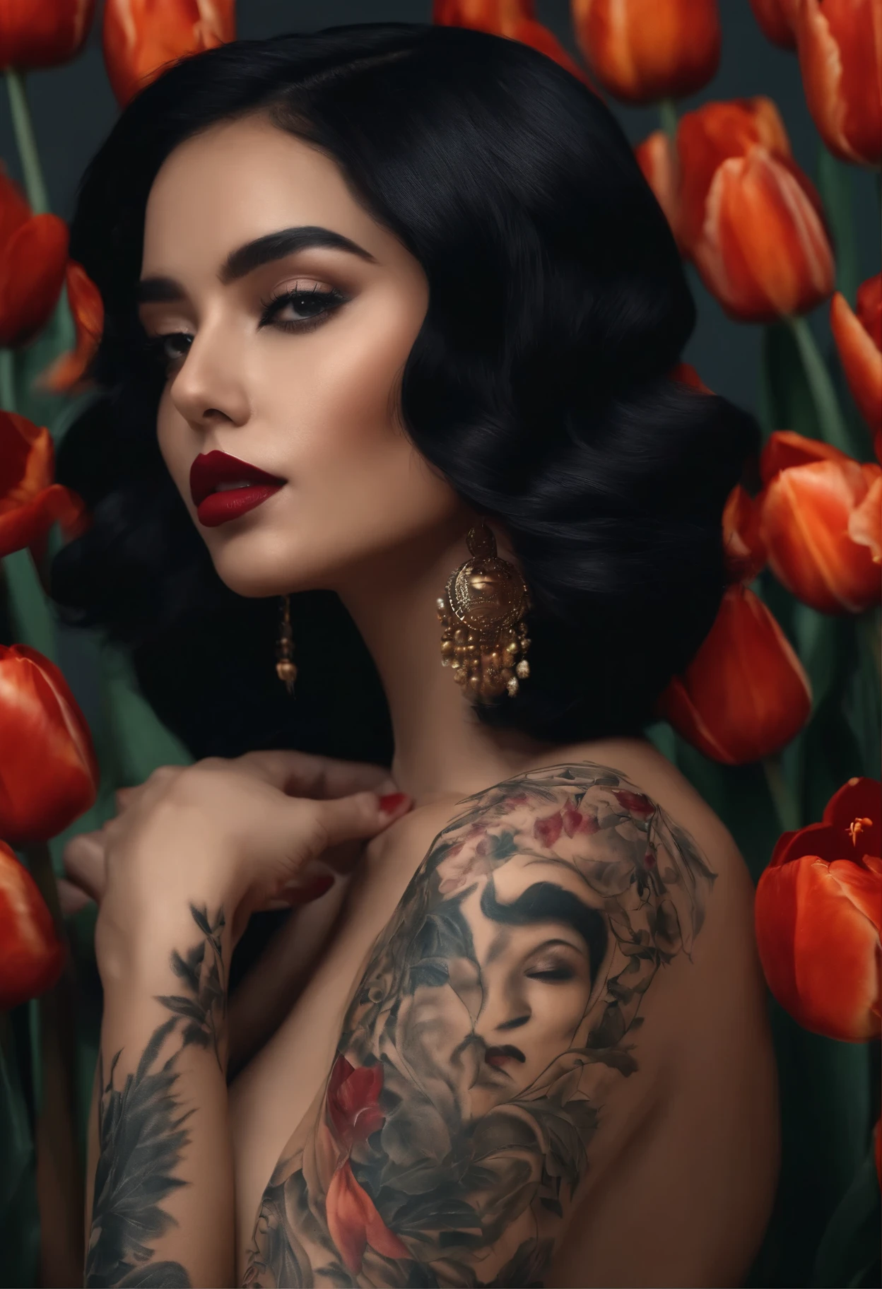 Wanita cantik naked sedang ngakang didadanya ada tatto tulisan "gha onyon", black hair, Surrealism, 8k, super detail
