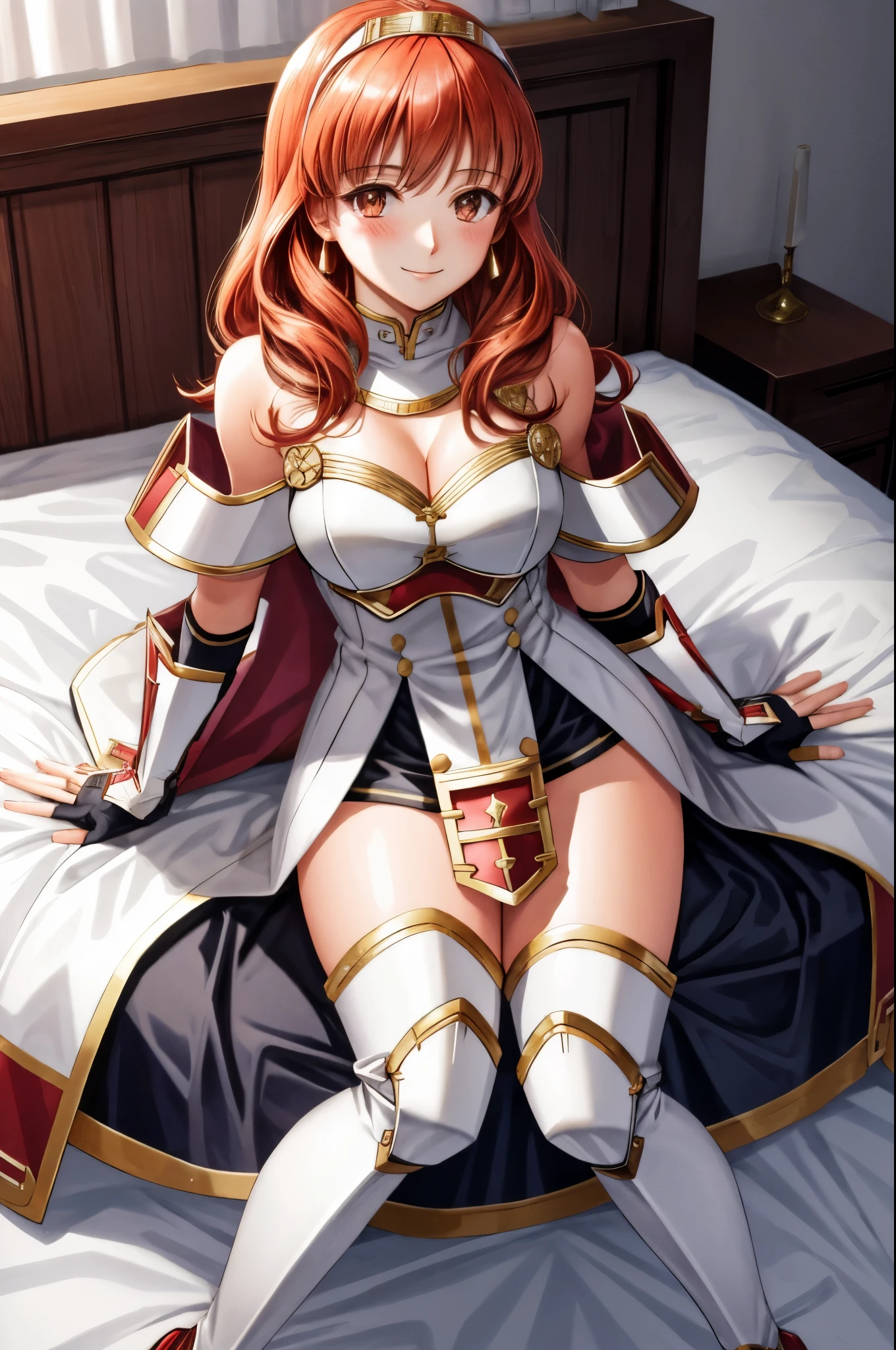 celica fe, 1girl, solo, looking at viewer, blush, sitting, wariza, on bed, seductive smile, cape, armor, dress, bare shoulders, thighhighs, tiara, gloves, pelvic curtain, leaning forward, cleavage, large breasts, thick thighs