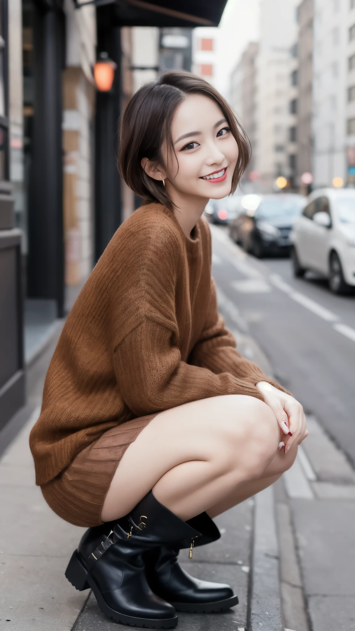 Photo taken by a professional photographer,laughter:1.5,Close-up of a 25-year-old Japanese woman squatting on the sidewalk, wearing a sweater, Short-cut brown hair, hair is disheveled,young and cute girl, Wearing a super super super super super super super mini skirt:1.5,Wear stylish boots,Fancy makeup with red eyeshadow,Beautiful thighs are visible,squatting facing forward,