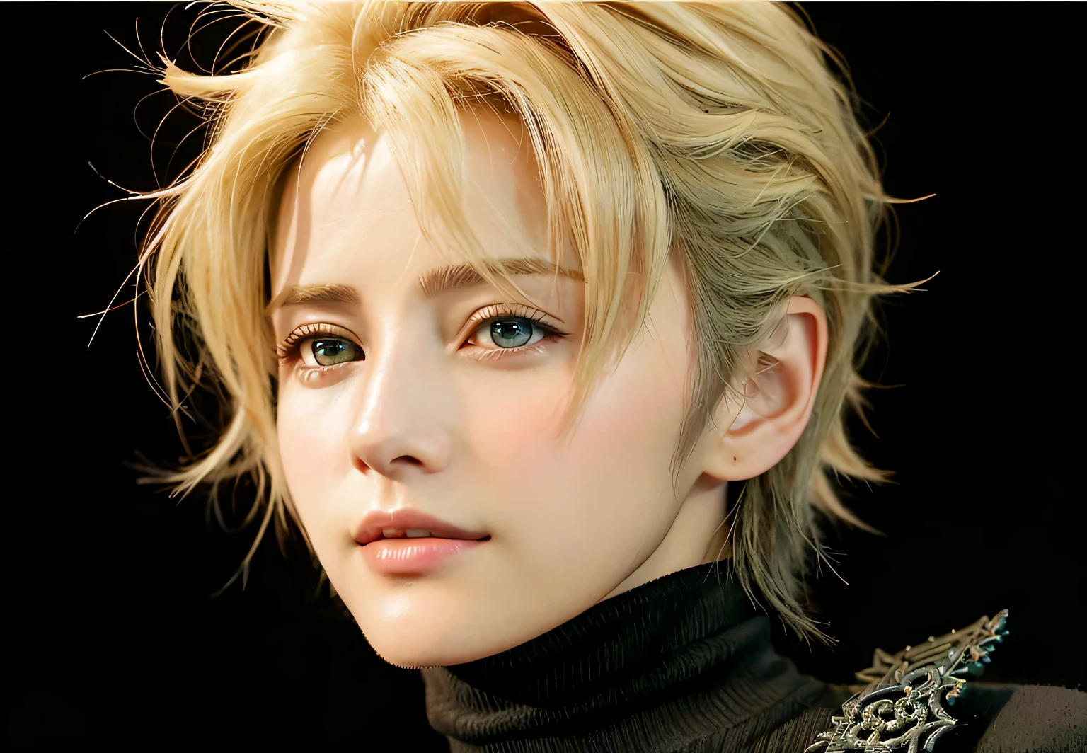 arafied image of a woman with very short blonde hair, portrait of cloud strife, Final Fantasyのキャラクター, profile、Looking to the right、Final Fantasyの顔, cloud strife, Final Fantasyより, Final Fantasyより vii, From FF7, FF7, cloud, cloud hair, square Enix, Final Fantasy風, Final Fantasy7, high-detail iconic characters, square Enix cinematic art, Final Fantasy、Very artistic、watercolor style、