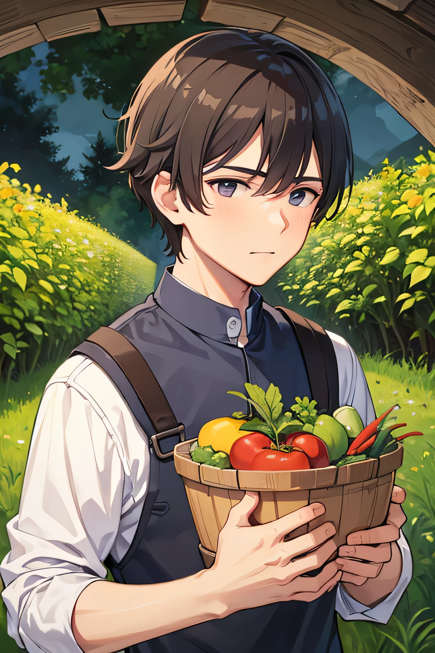 MAN AS YOUNG FARMER, PLANTING VEGETABLES. FACE DETAIL, EYE DETAIL, CAVE BACKGROUND