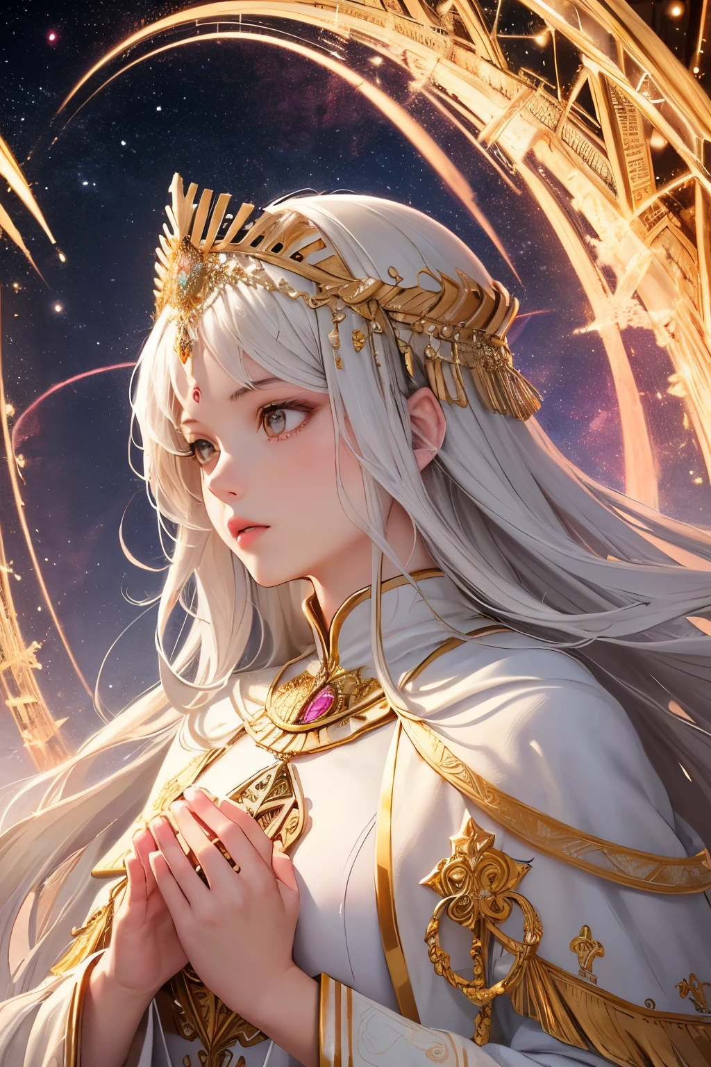 (masterpiece, highest quality, highest quality, official art, beautiful and aesthetic:1.2), (1 girl), very detailed, (fractal art:1.3), colorful, most detailed, perfect face, Upper body, HDR, (pray:1.3), (White cloak golden lines:1.2), Milky Way, (light streaks), striking visuals, (dynamic streaks, Path of Light:1.2), Pink God,goddess