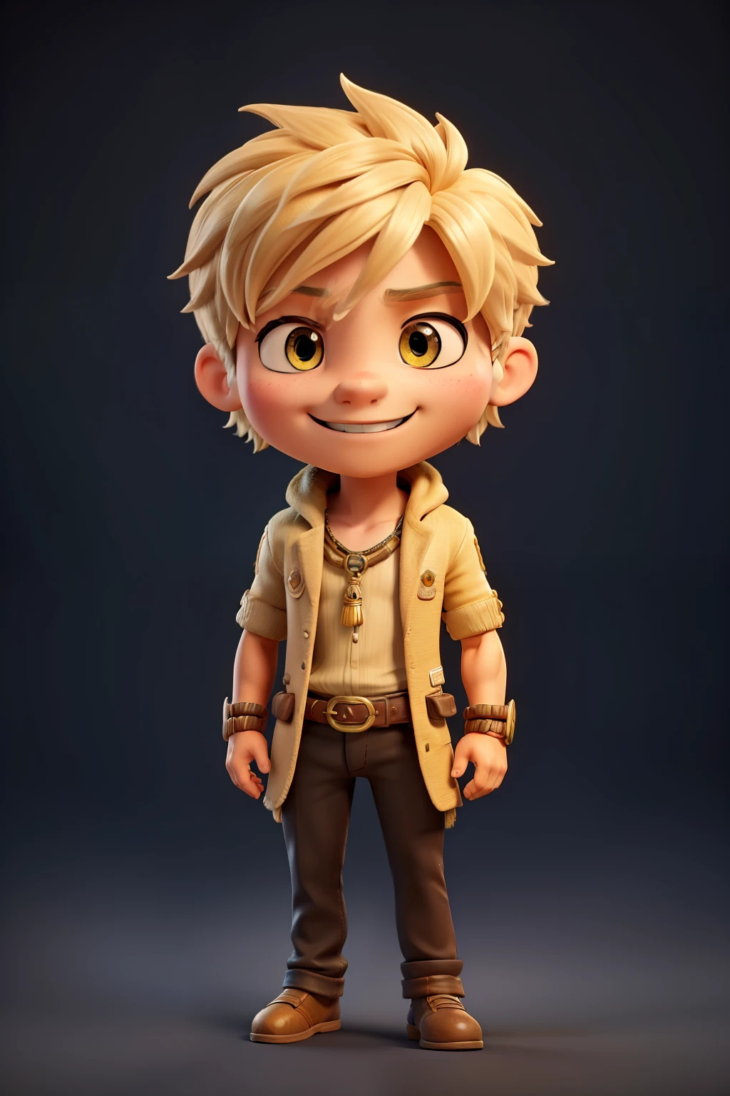 In the heart of a surreal world, a masterpiece comes to life. An intricately detailed, full-body figure of the mummy emerges, crafted with top-quality materials and ultra-detailed precision. Chibi in style, this masculine creation boasts blonde , shaggy hair and piercing yellow eyes that gleam with an otherworldly charm.
He stands proudly with a charming smile on his face, illusory engine hums softly as he wears an Egyptian mummy wrap, blending seamlessly into the 8k visual landscape. A smile adorns his face.