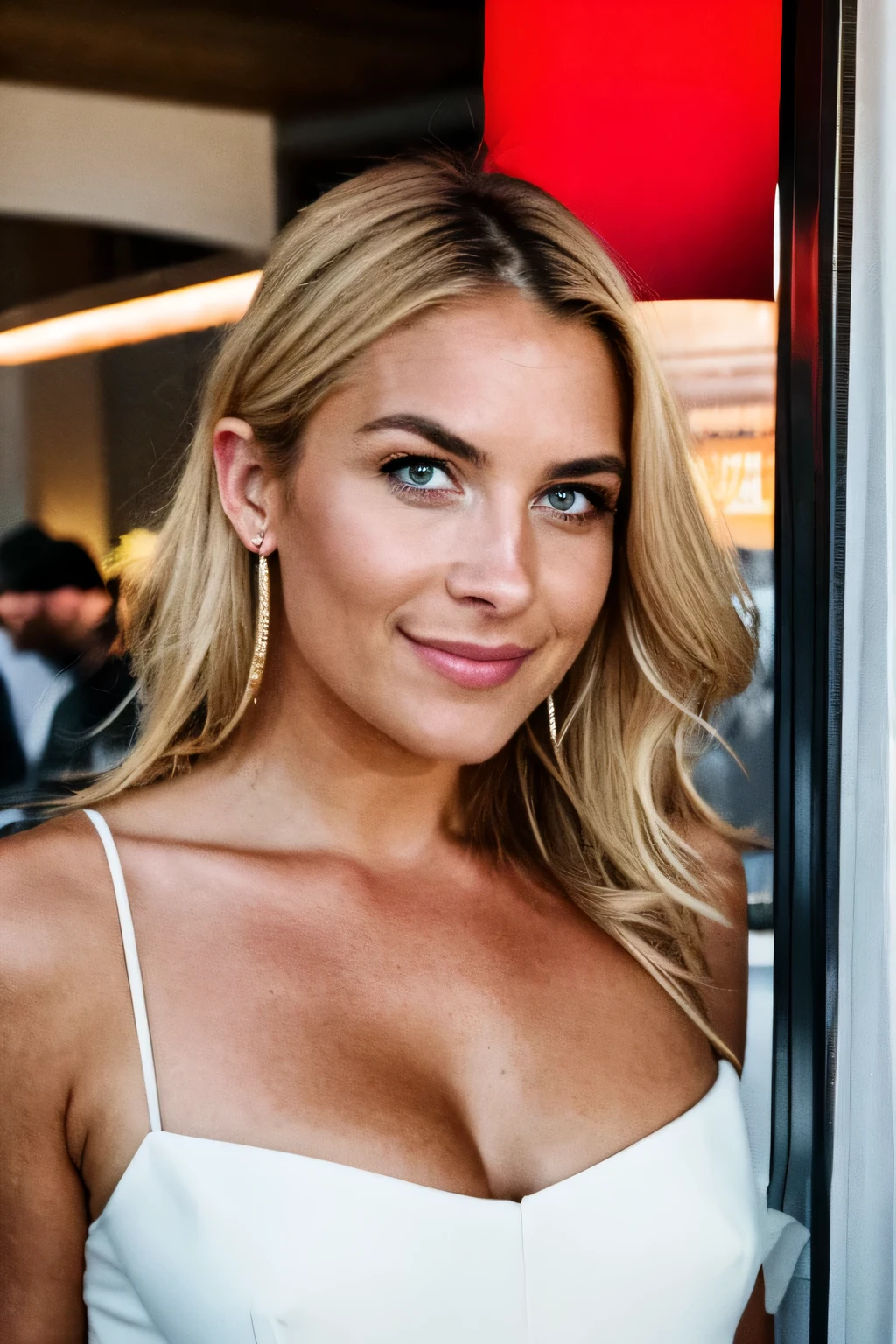 detailliert,(realistisch,photorealistisch,photo-realistisch, foto im profil),Instagram Post,eine atemberaubende junge Italienerin,lachend, im Profil, in einem typischen italienischen Cafe.Her personality is reminiscent of the timeless charm of Italy. Ihre Augen, voller Geschichten, Die Augen haben einen hellen Blauton, Weisheit mit einem Hauch von Unfug ausstrahlend. Ihre Lippen, reich und rot, reflect the vitality of Italian culture. Ihre Haare, as blonde and flowing as gold, umrahmt ihr junges Gesicht. Flawless tanned skin,In einem roten Kleid gekleidet, Die leuchtenden Farben des Kleides scheinen den Geist Italiens widerzuspiegeln. Sie sitzt in einem typischen Cafe in Rom und trinkt einen Kaffee. Warmes Sonnenlicht.high resolution, Instagram Post